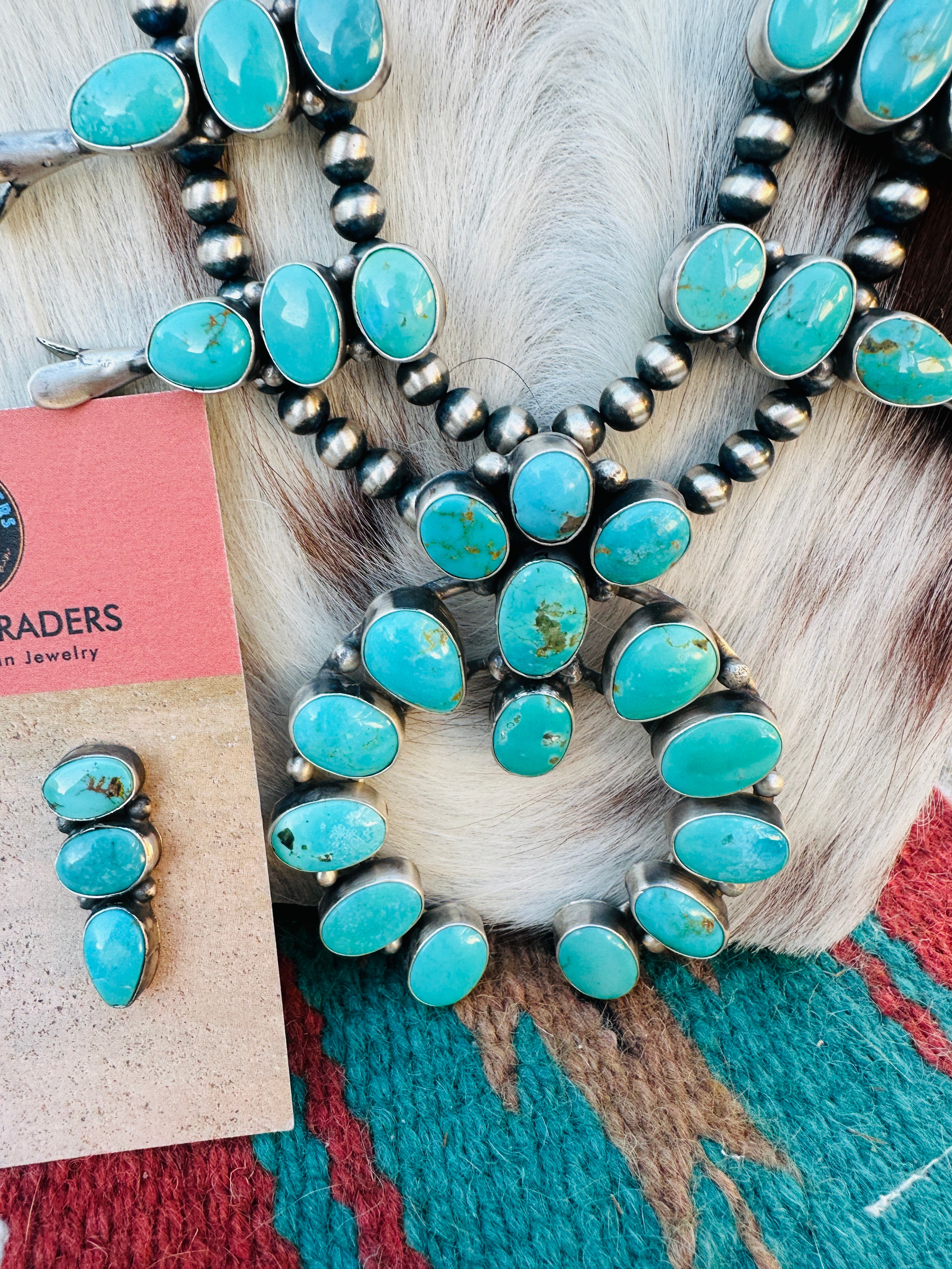 Handcrafted Carico Lake Turquoise & Sterling Silver Squash Blossom Necklace and Earring Set