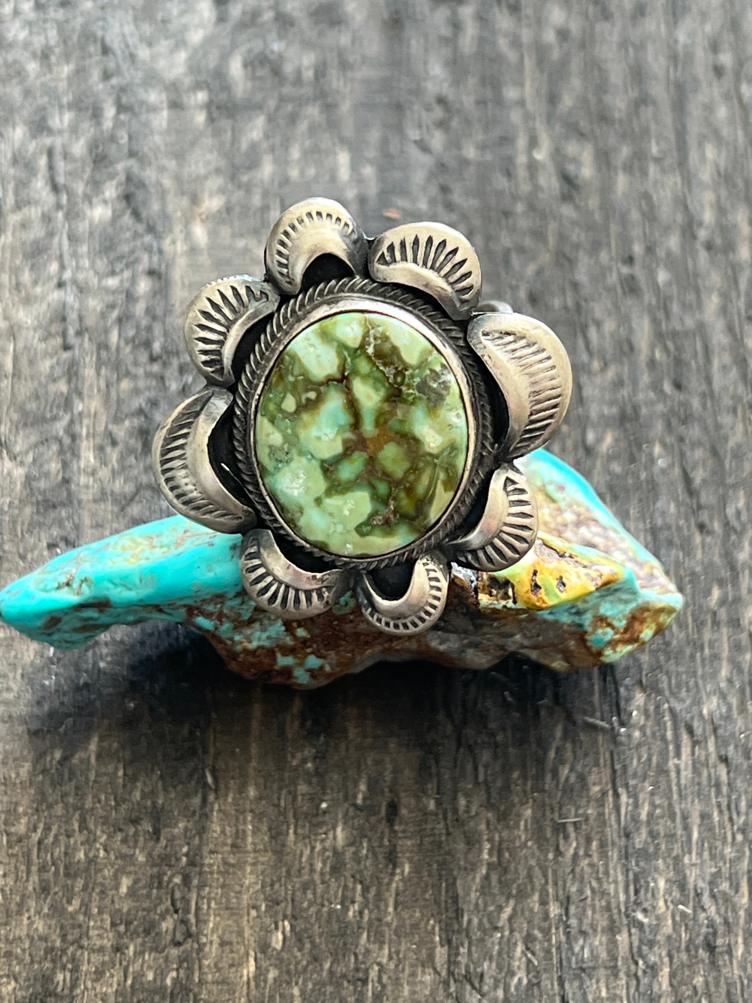 Handcrafted Sterling Silver and Natural Pilot Mountain Turquoise Single Stone Ring by Gilbert Tom, Size 8