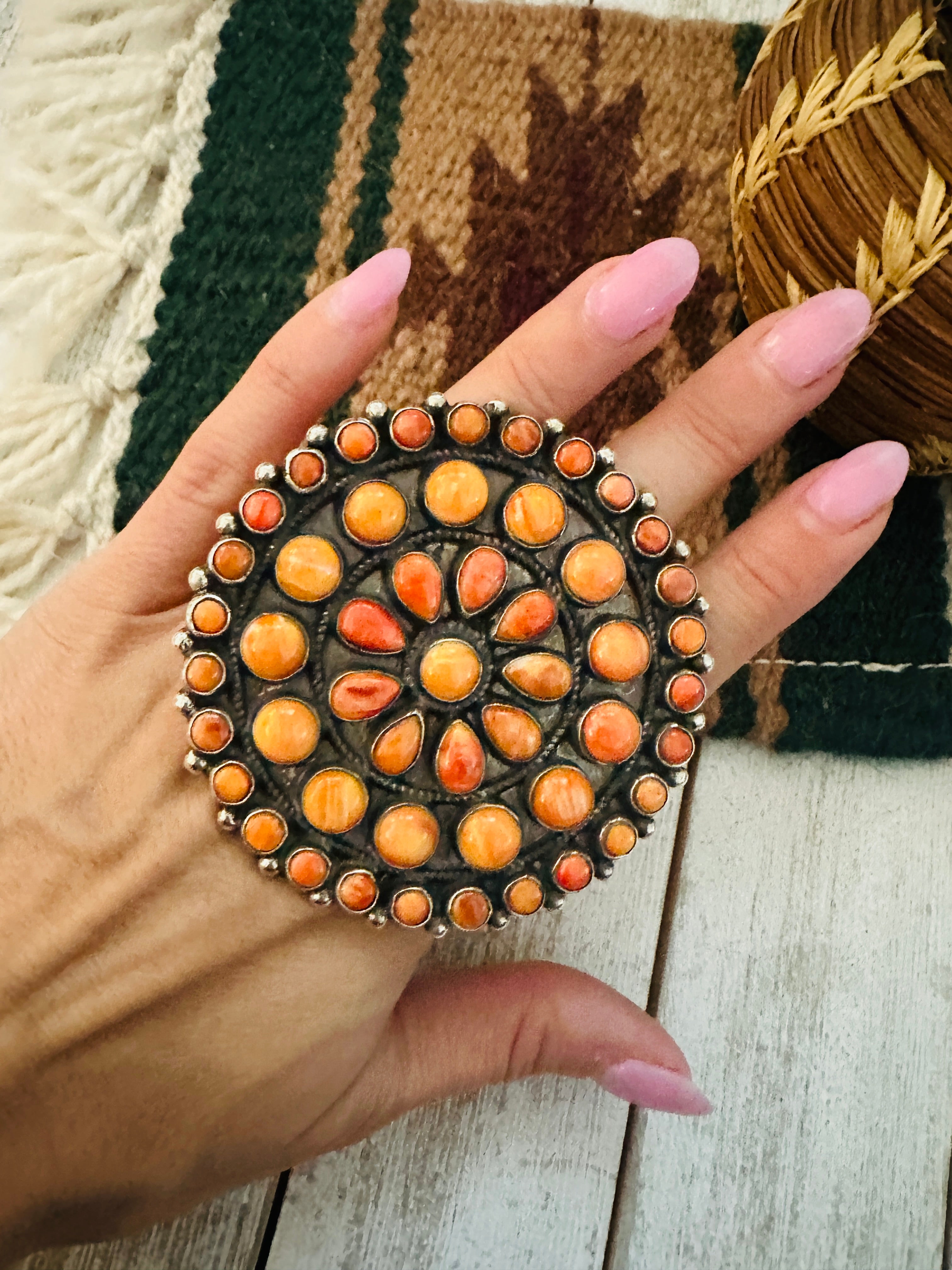 Navajo Sterling Silver & Orange Spiny Cluster Adjustable Ring