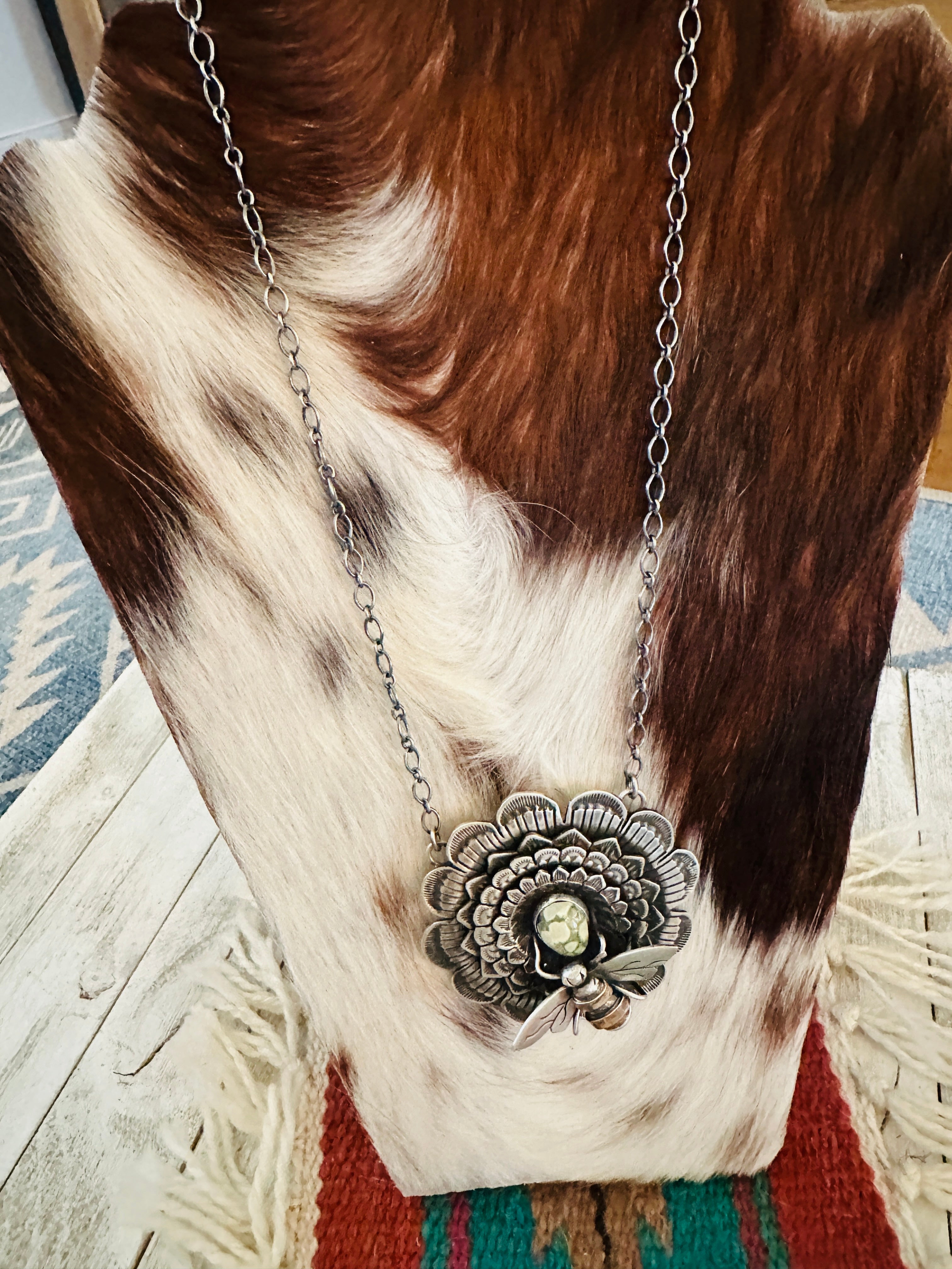 Handcrafted Sterling Silver and Turquoise Sunflower Necklace with Bee by Russell Sam