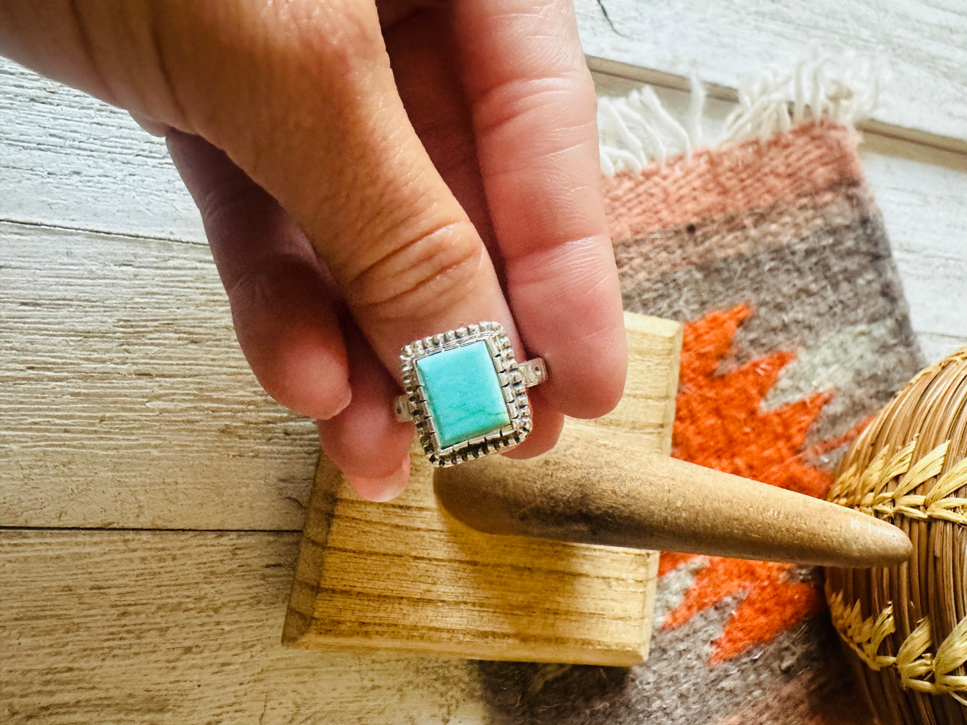 Navajo Turquoise & Sterling Silver Rectangle Ring Size 6