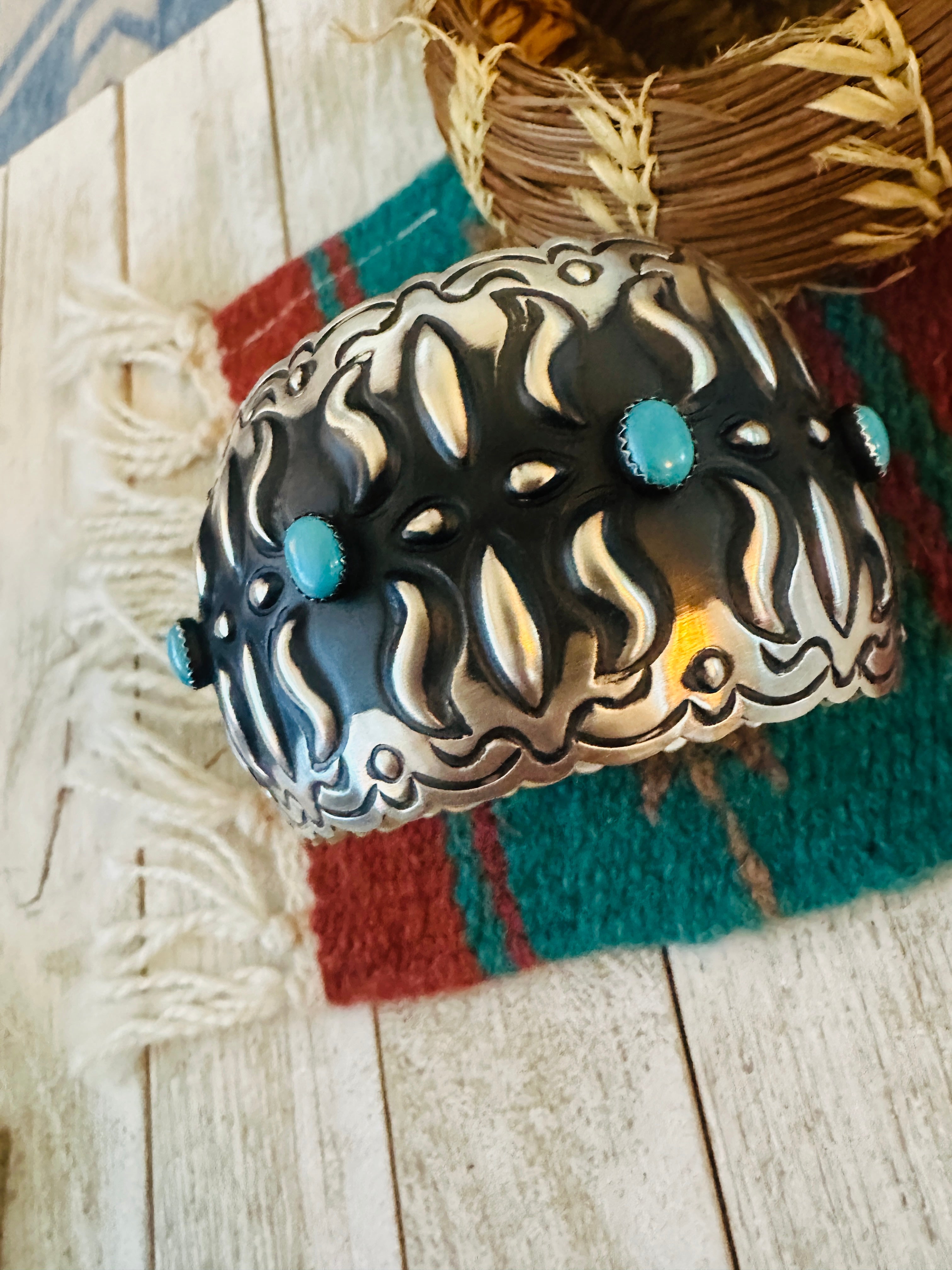 Handcrafted Sterling Silver & Turquoise Bangle Bracelet by Leander Tahe