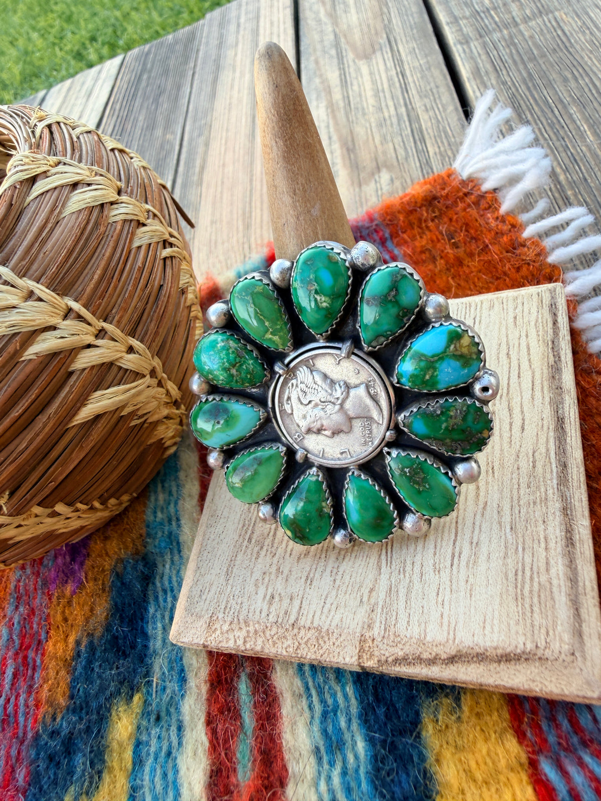 Handcrafted Sonoran Mountain Turquoise & Sterling Silver Liberty Dime Adjustable Ring by Michael Thomas Jr