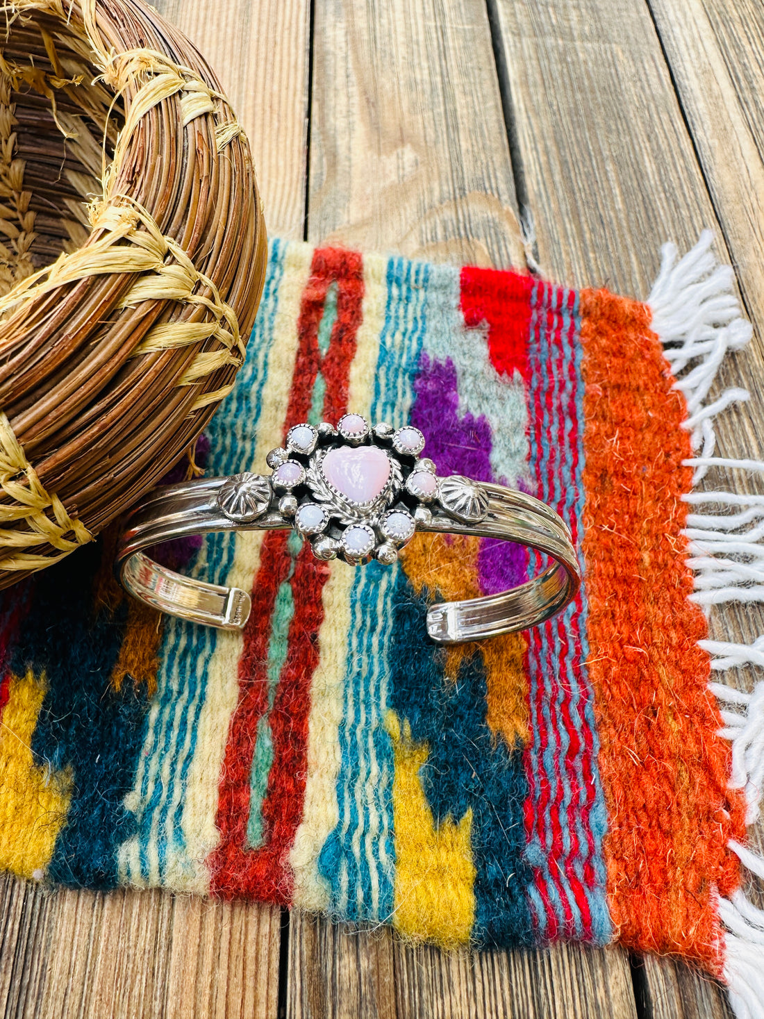 Handcrafted Queen Pink Conch & Sterling Silver Heart Cuff Bracelet