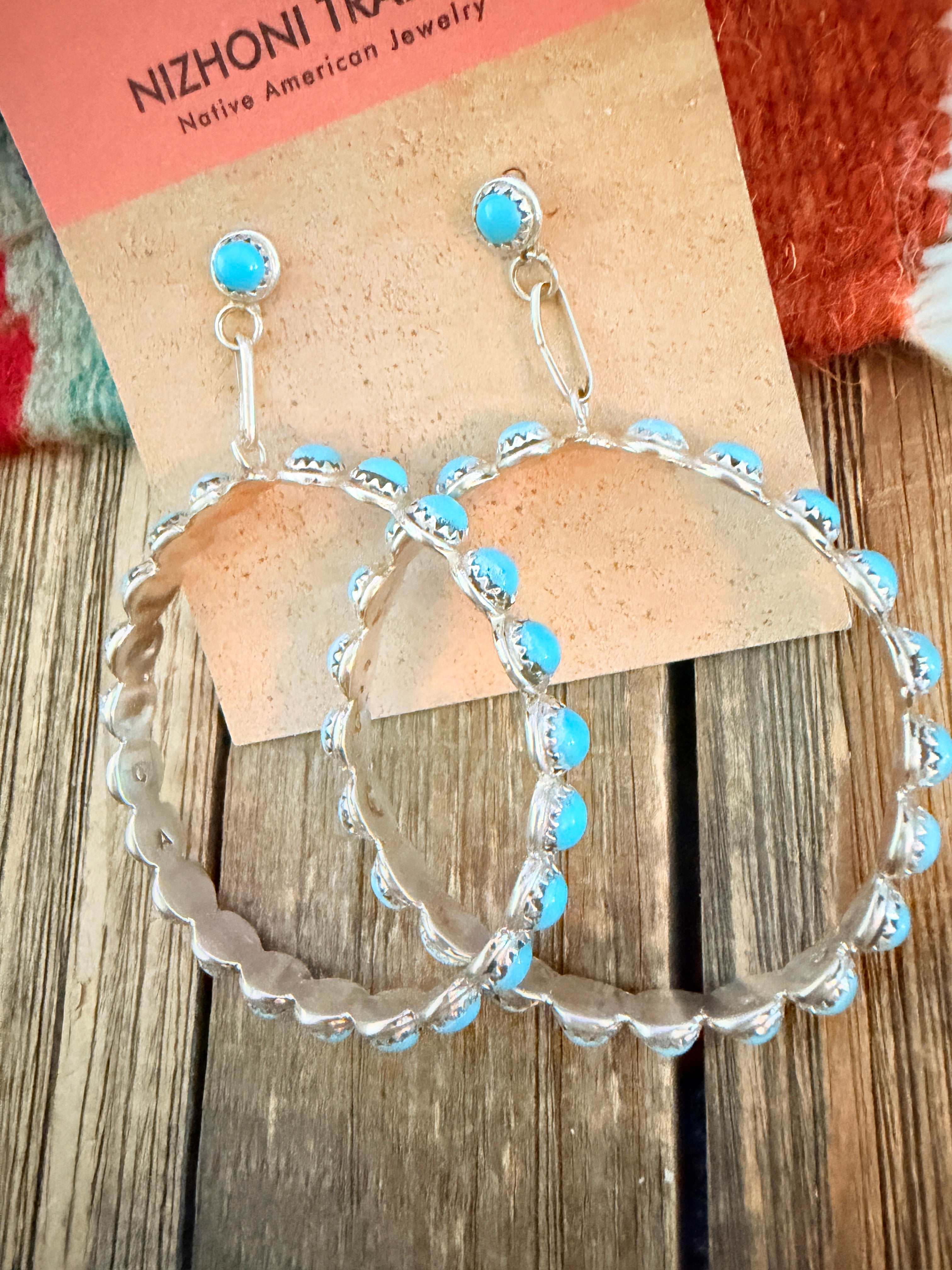 Handcrafted Turquoise & Sterling Silver Dangle Hoop Earrings