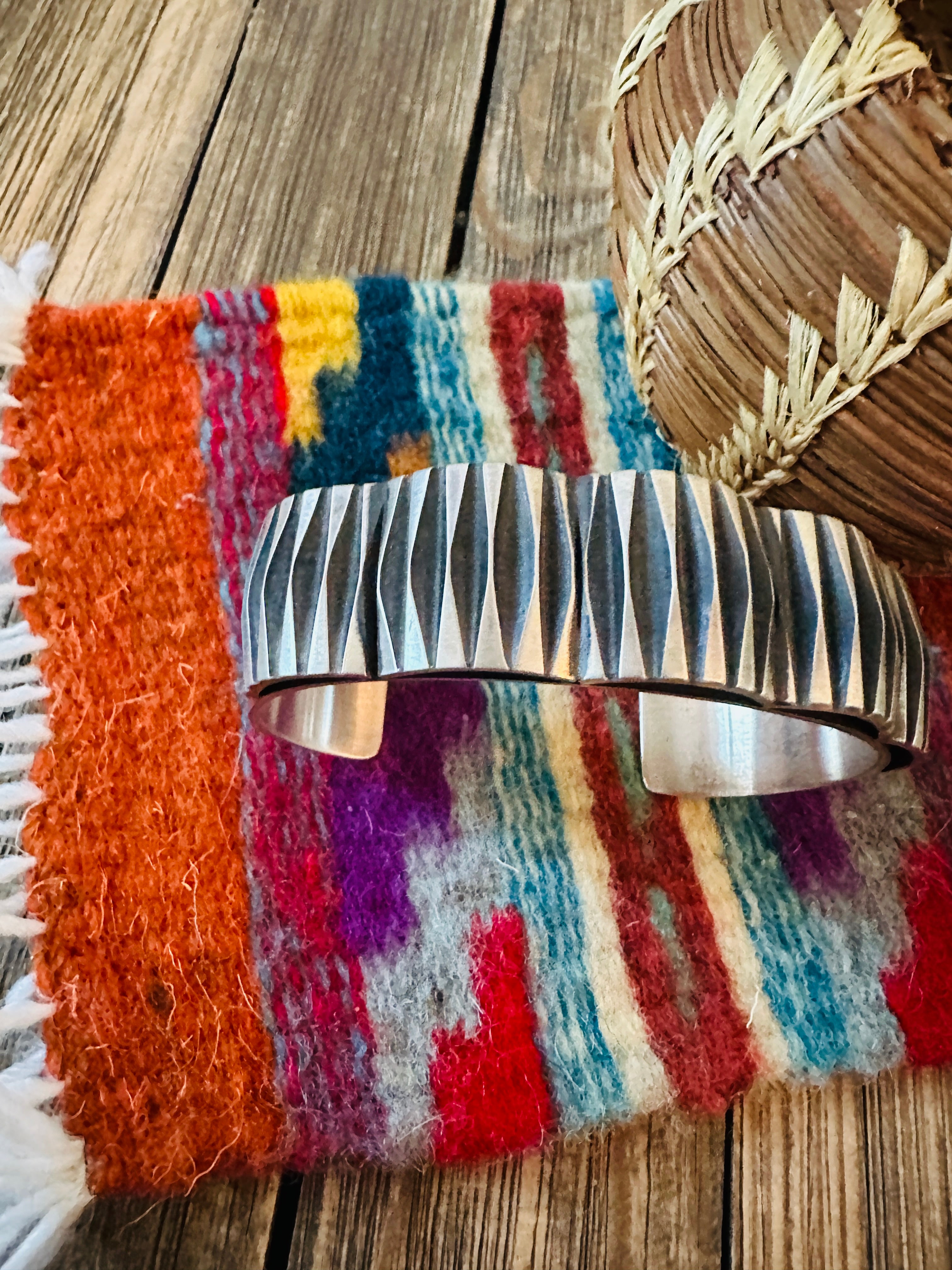 Hand Stamped Sterling Silver Cuff Bracelet by Leander Tahe