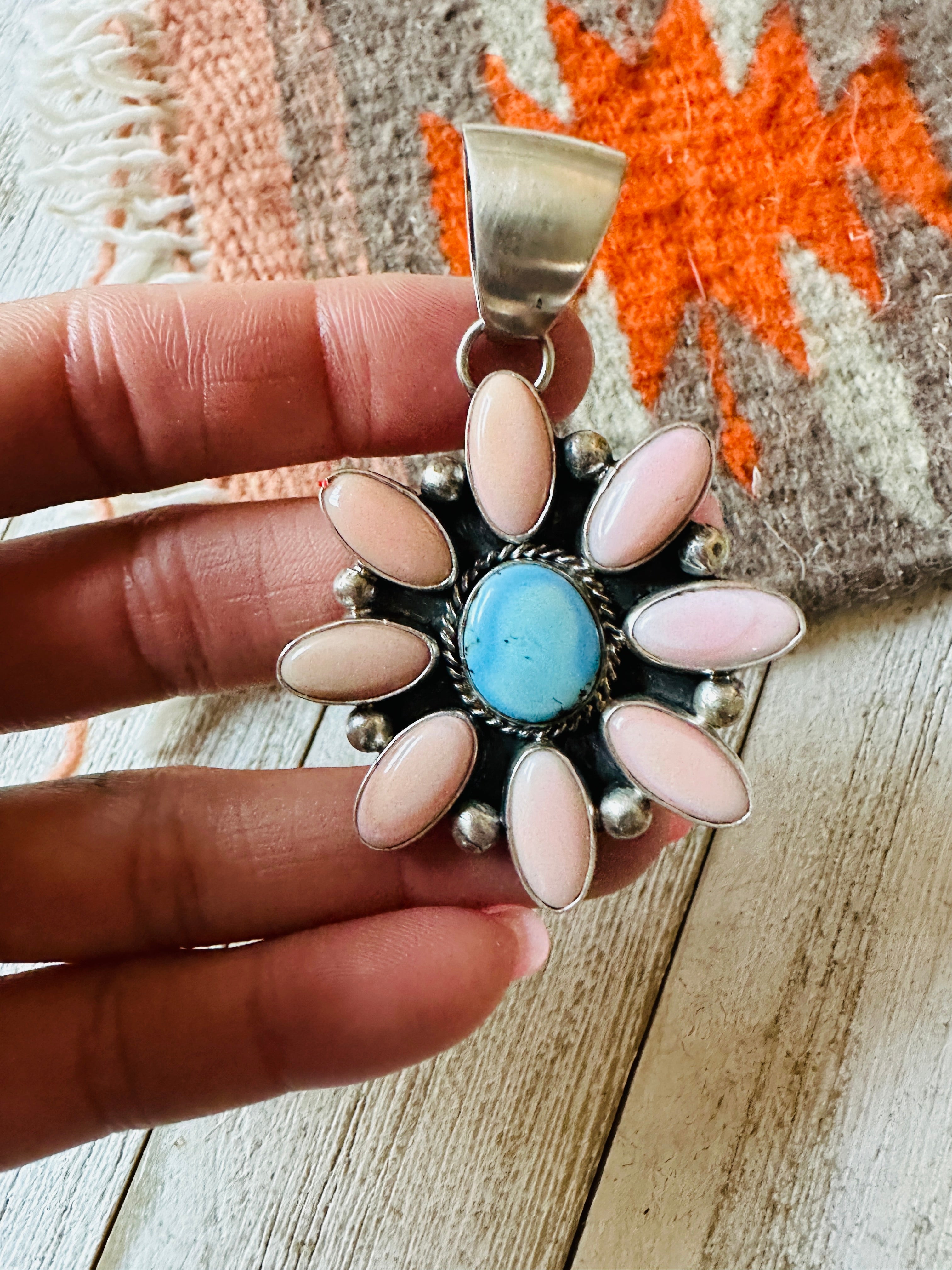 Navajo Queen Pink Conch, Turquoise & Sterling Silver Cluster Pendant