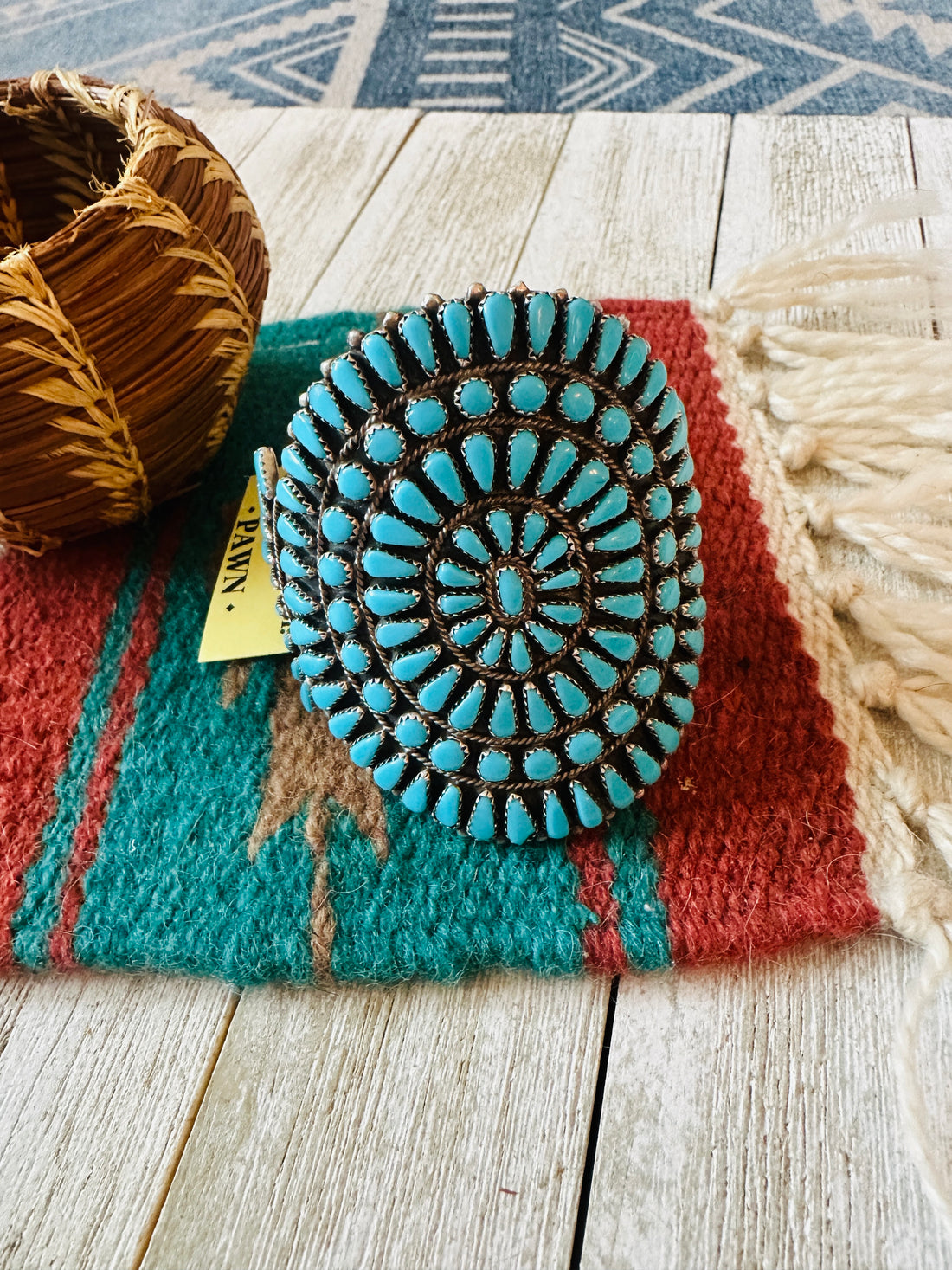 Old Pawn Sterling Silver & Turquoise Cluster Cuff Bracelet /