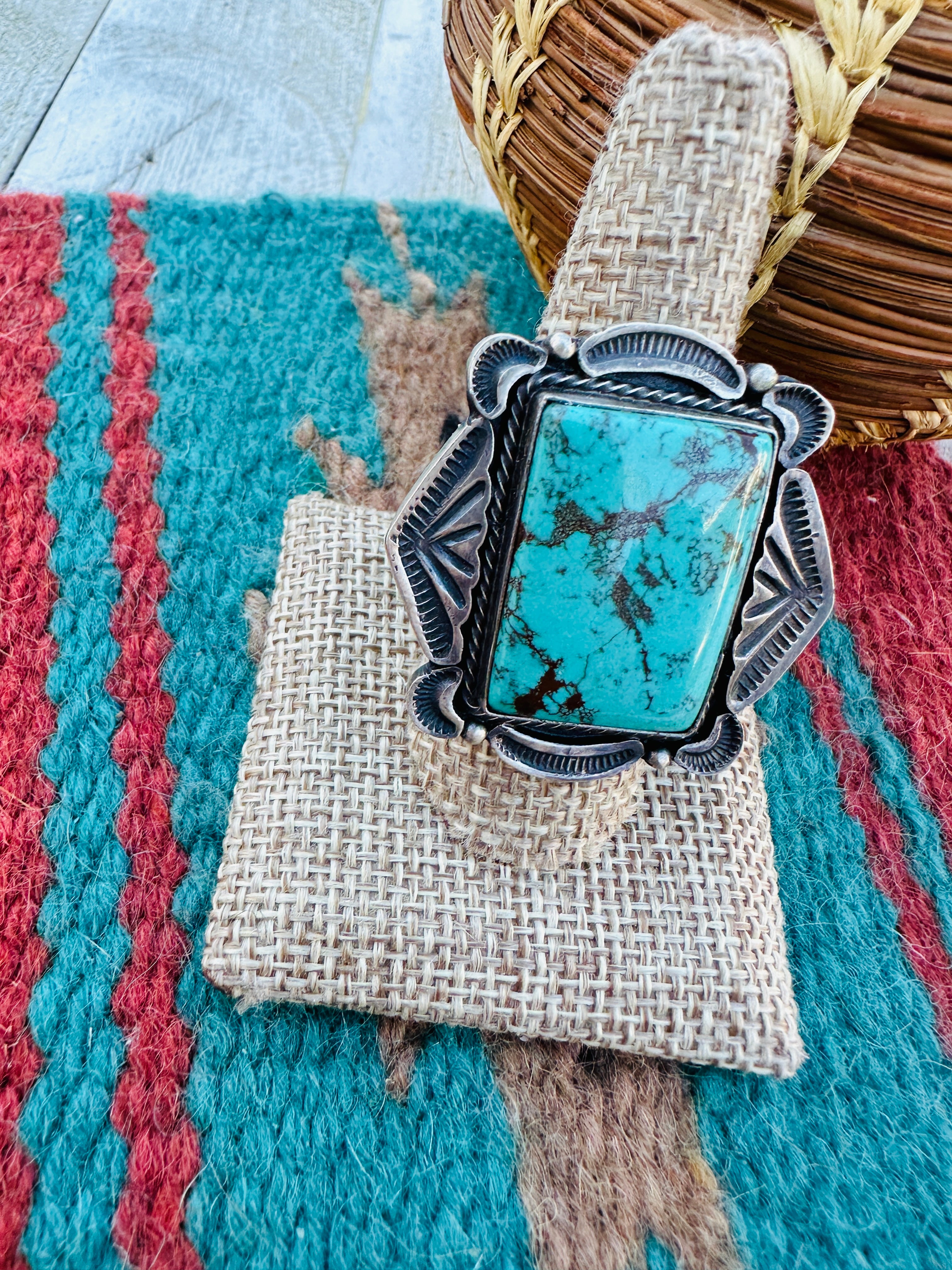 Hand Crafted Turquoise & Sterling Silver Ring Size 9 by Sheila Tso