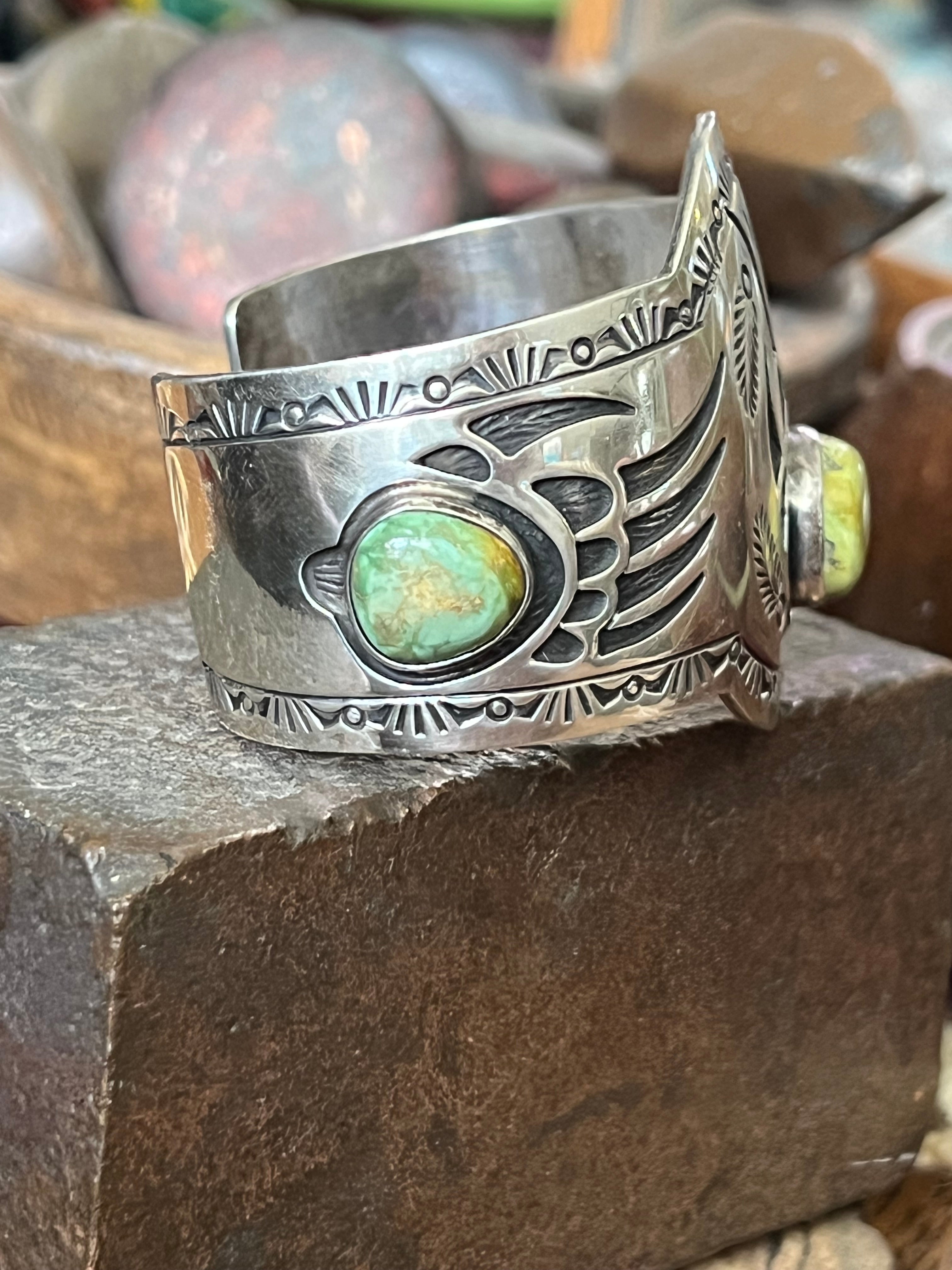 Handcrafted Old Pawn Sterling Silver and Royston Turquoise Overlay Bear Paw Cuff Bracelet by Charlie Bowie /