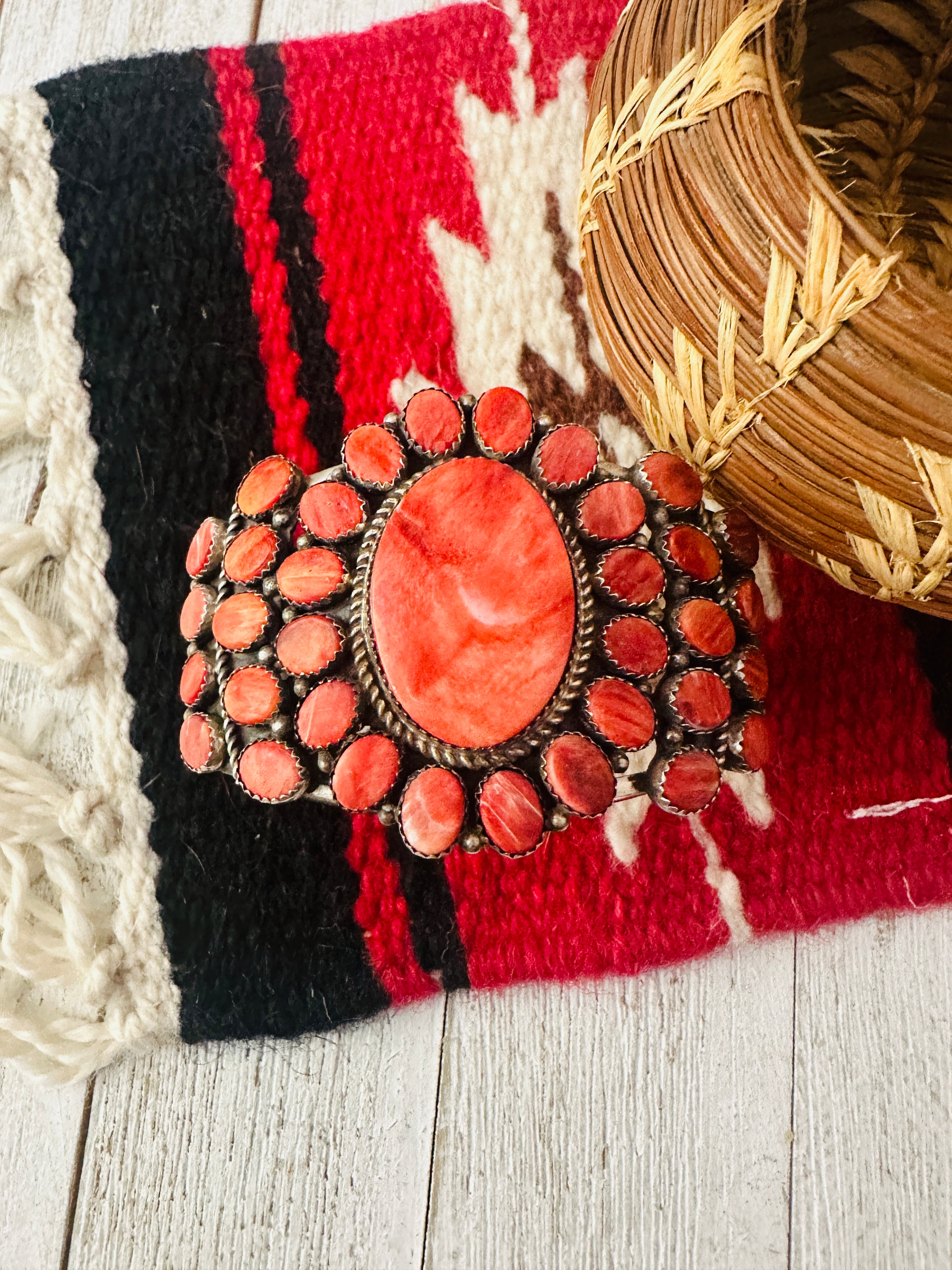 Navajo Orange Spiny Sterling Silver Cuff Bracelet