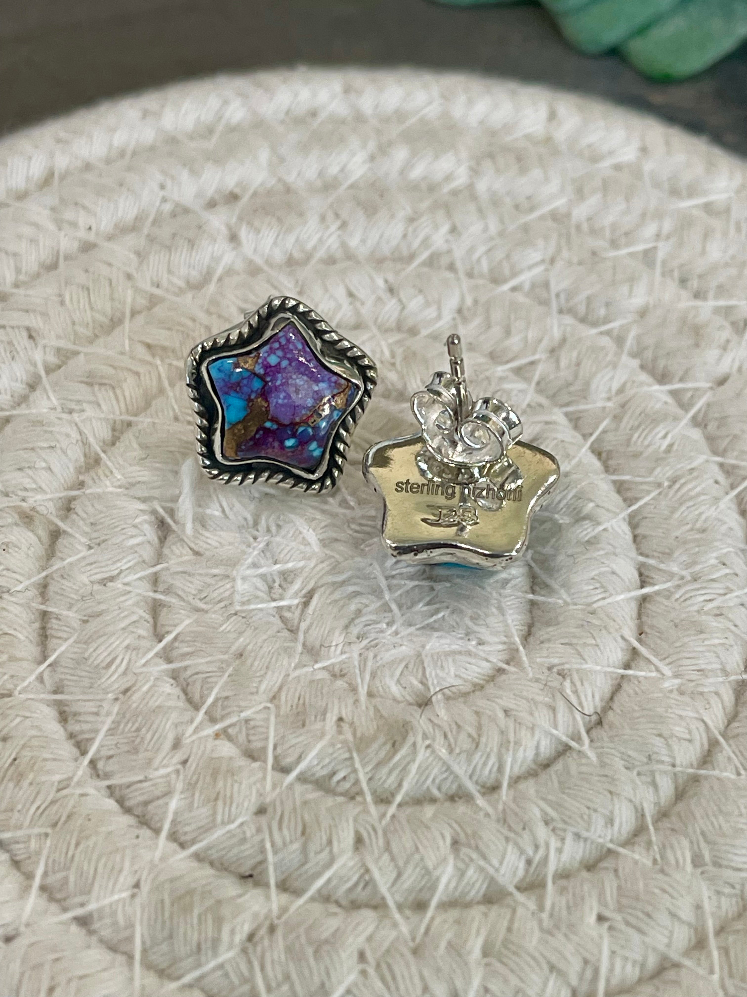 Sizzling Handmade Star Sterling Silver & Purple Mojave Post Earrings