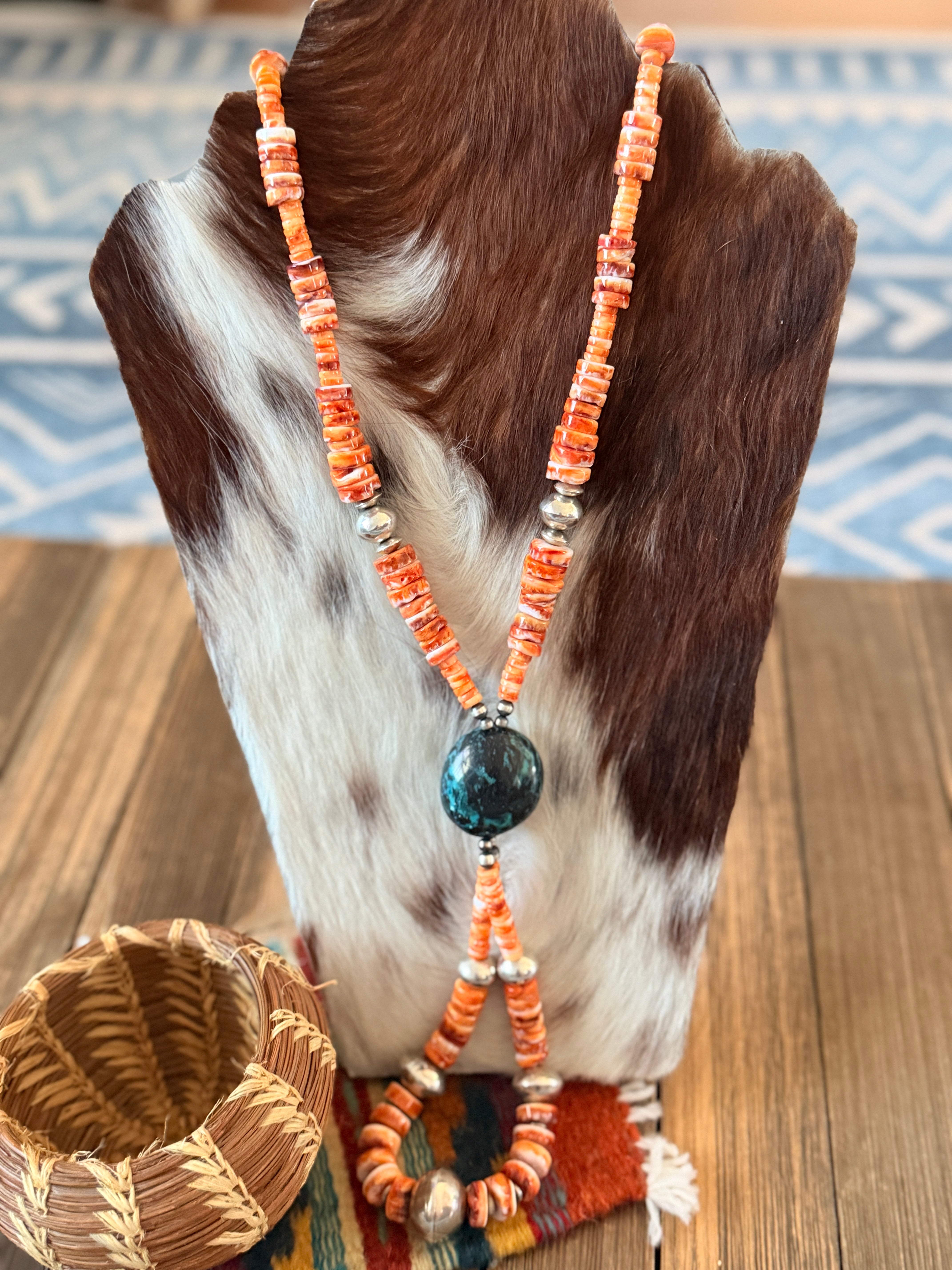Handcrafted Orange Spiny Oyster, Turquoise & Sterling Silver Beaded Ja