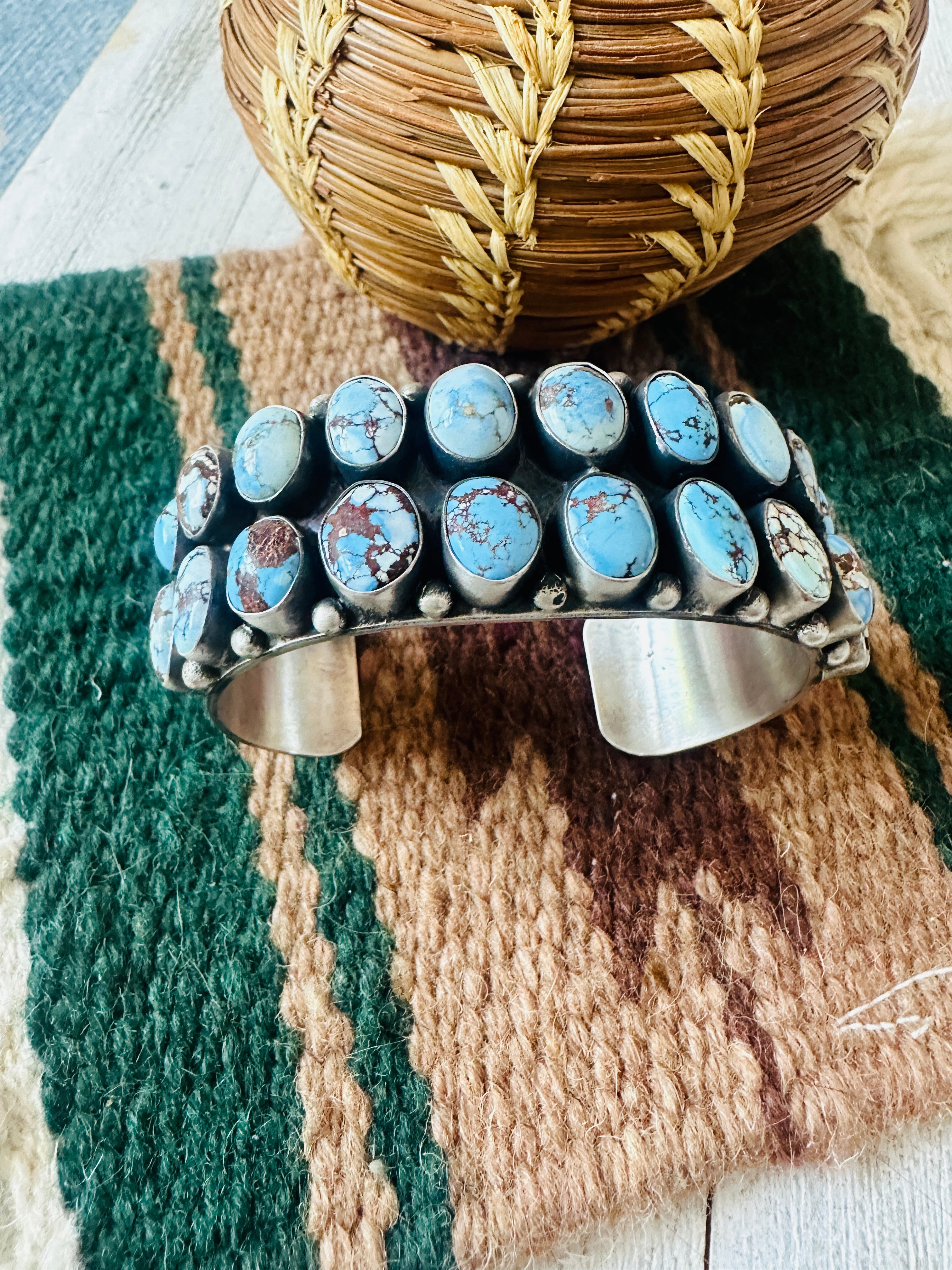 Navajo Sterling Silver & Golden Hills Turquoise Cluster Cuff Bracelet by Darrin Livingston