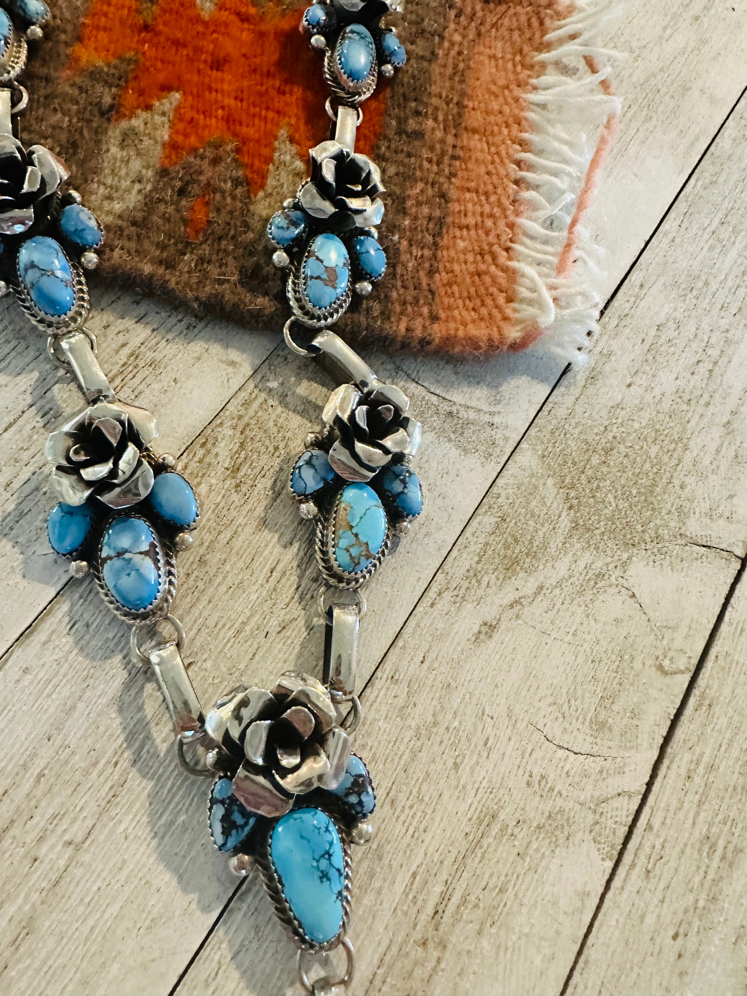 Navajo Sterling Silver & Golden Hills Turquoise Flower Necklace