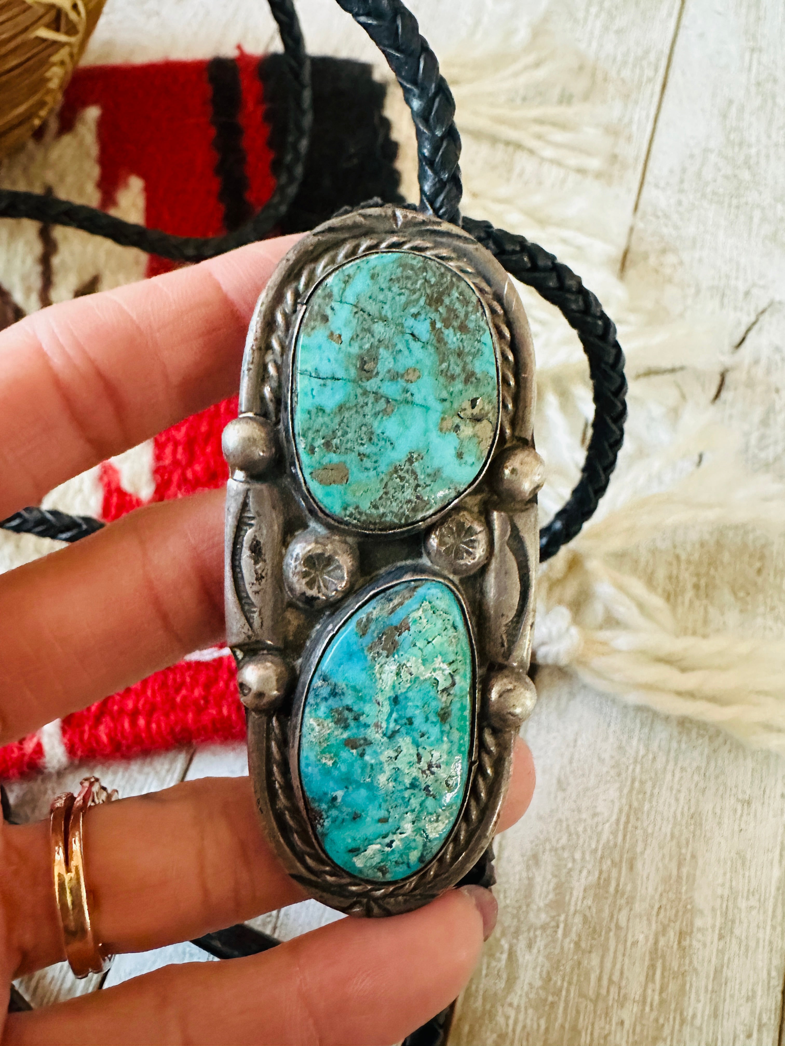 Vintage Old Pawn Navajo Sterling Silver & Turquoise Cluster Bolo Tie