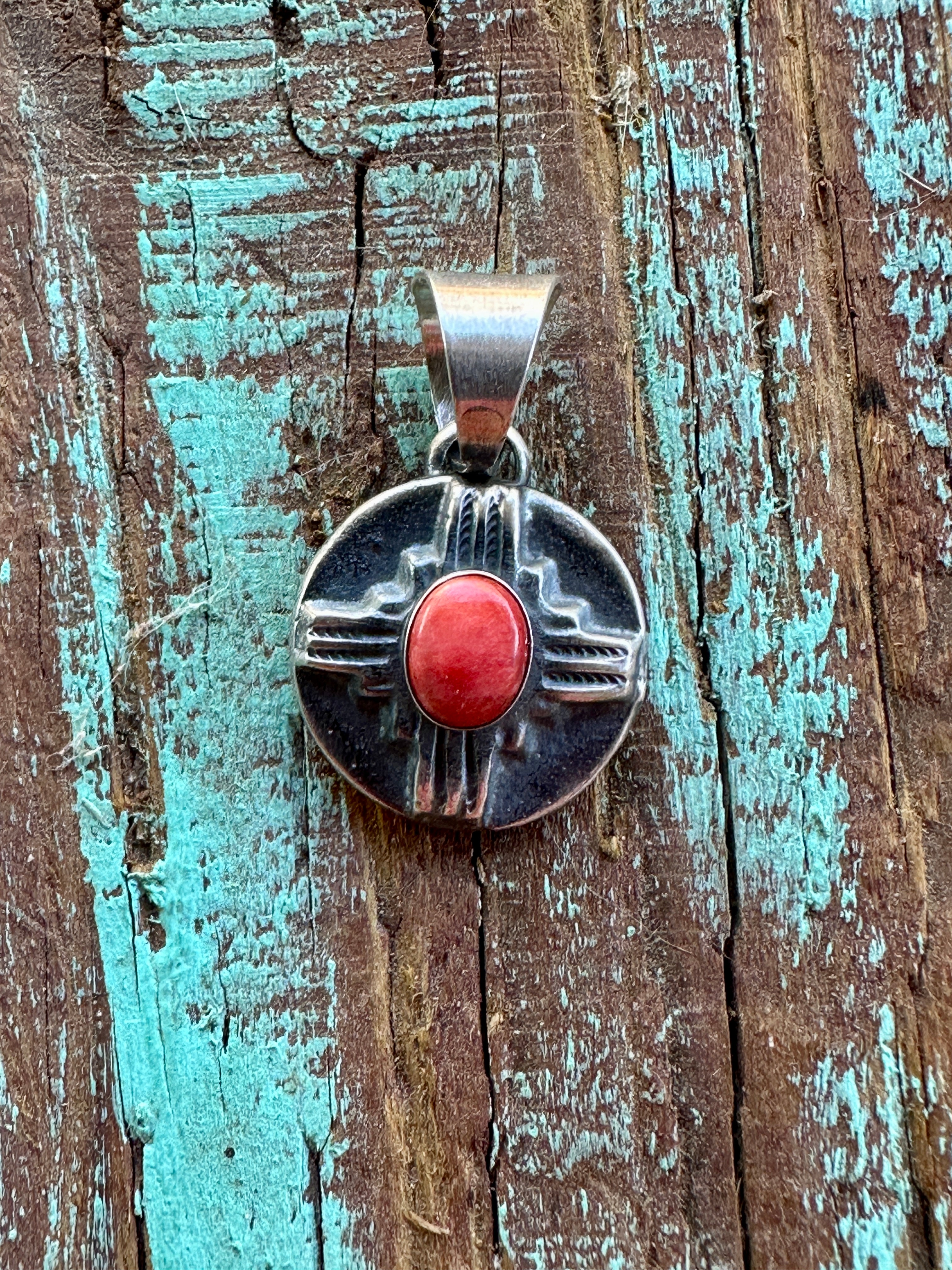 Navajo Sterling Silver Orange Spiny Round Zia Pendant By Chimney Butte