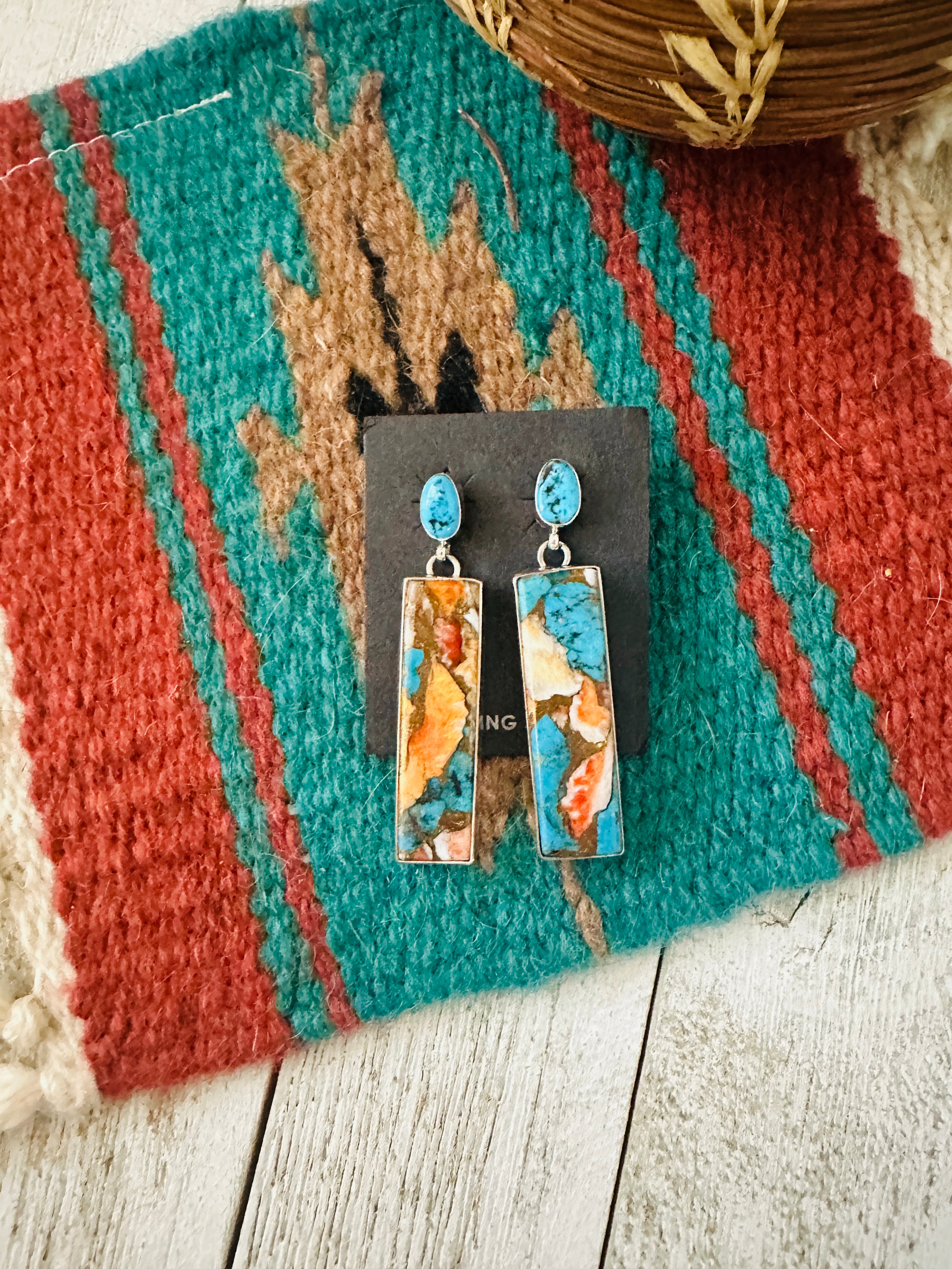 Navajo Sterling Silver, Turquoise & Spice Slab Dangle Earrings