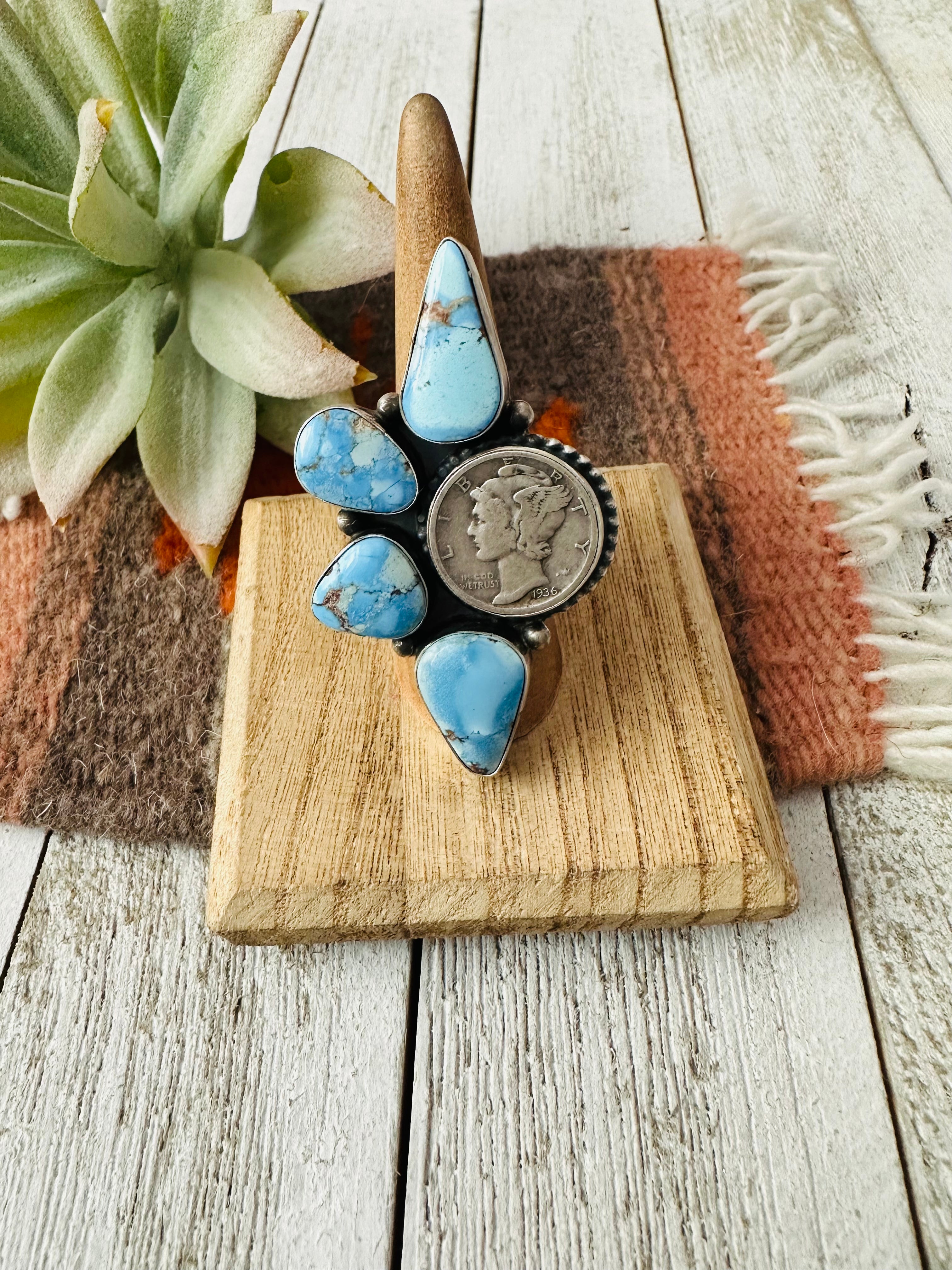 Navajo Golden Hills Turquoise & Sterling Silver Liberty Dime Ring Size 7.5