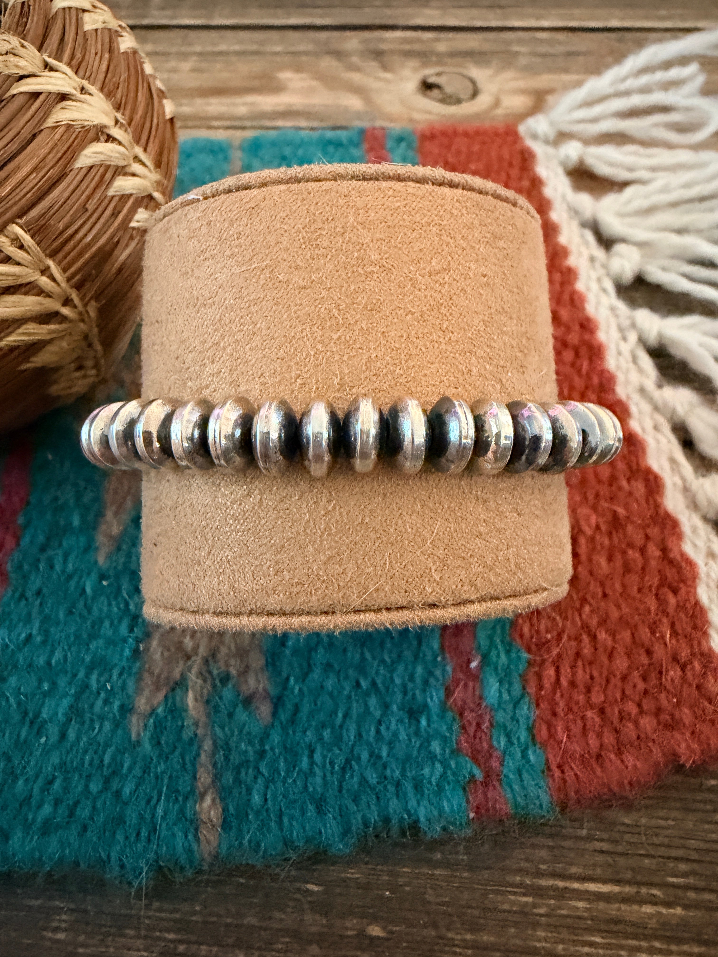 Handcrafted 8mm Sterling Silver Saucer Bead Stretch Bracelet