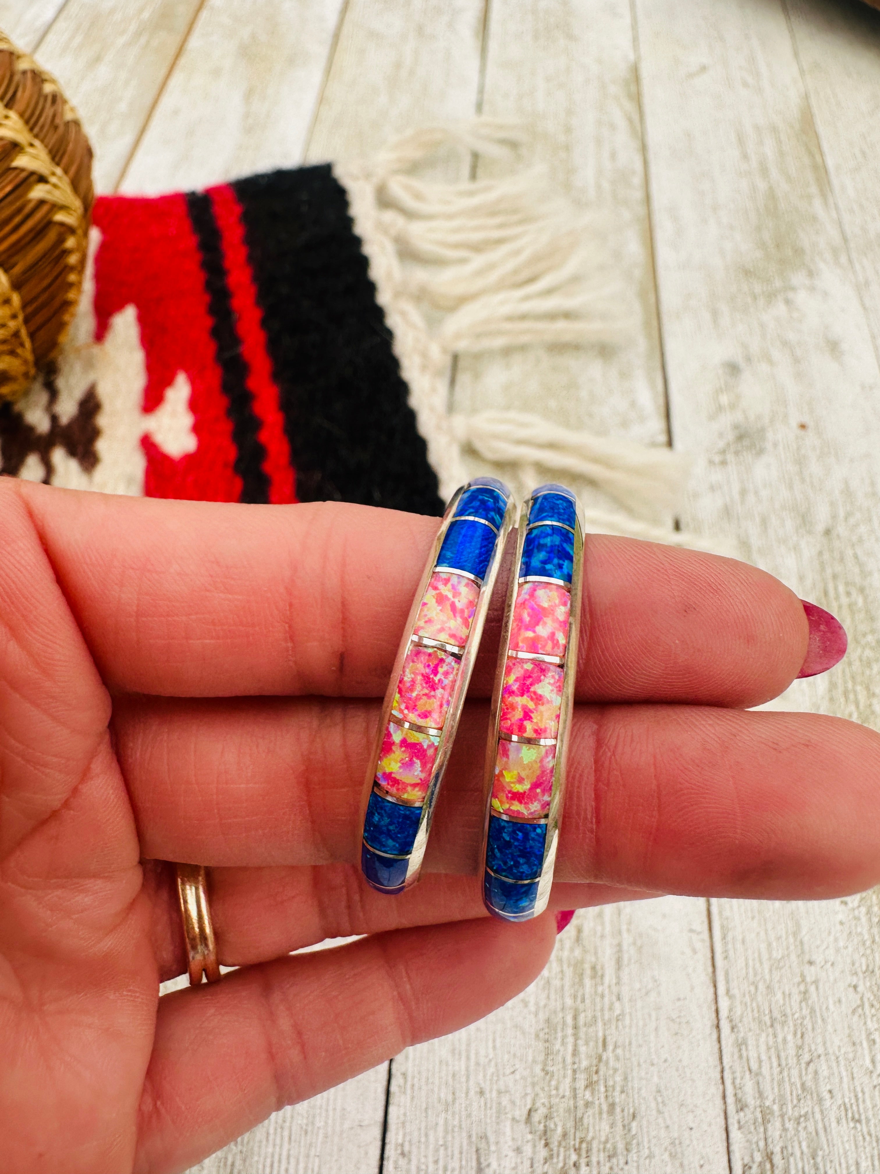 Handcrafted Old Pawn Sterling Silver & Multicolor Opal Inlay Hoop Earrings