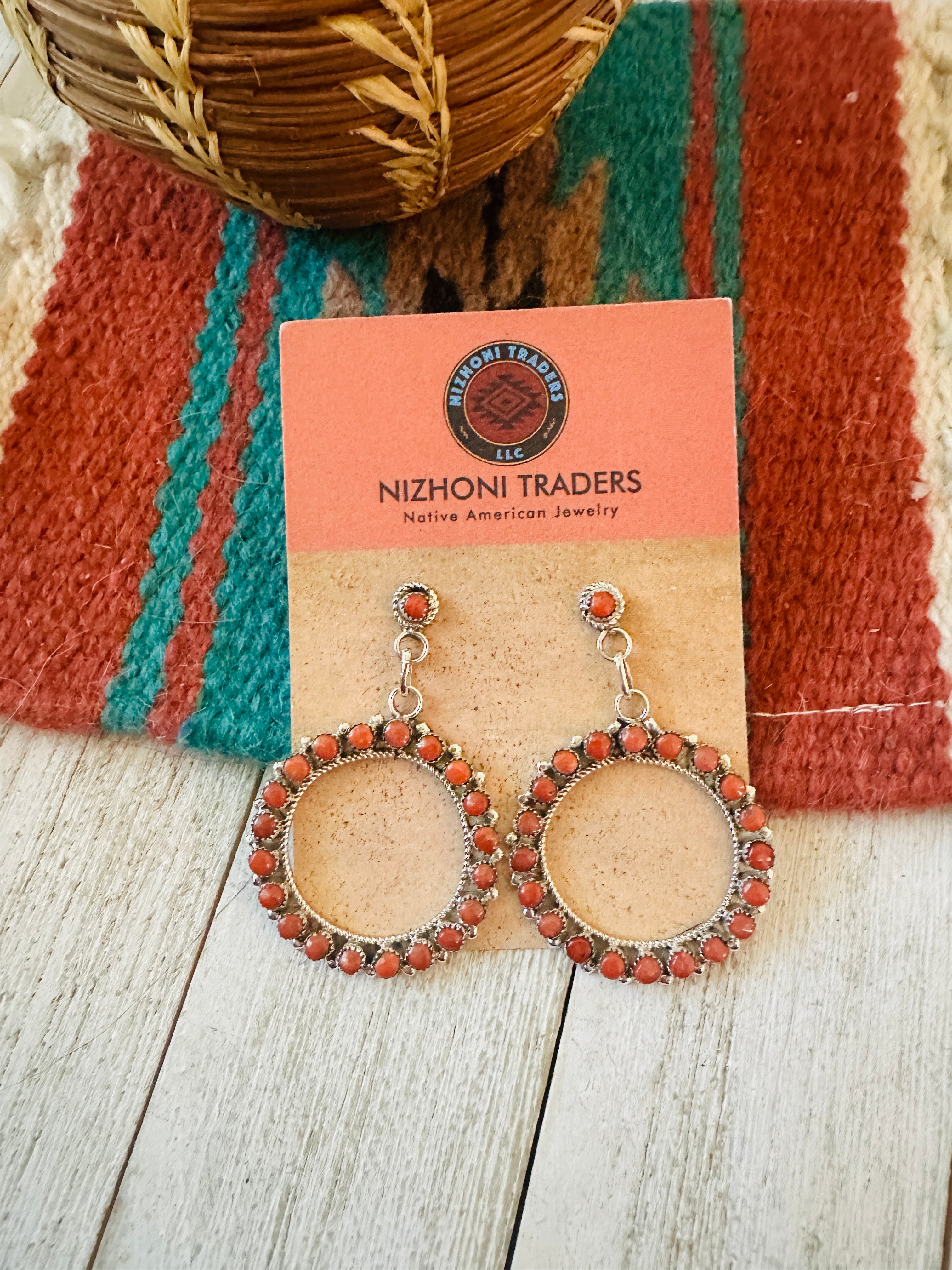 Zuni Sterling Silver & Coral Petit Point Dangle Earrings