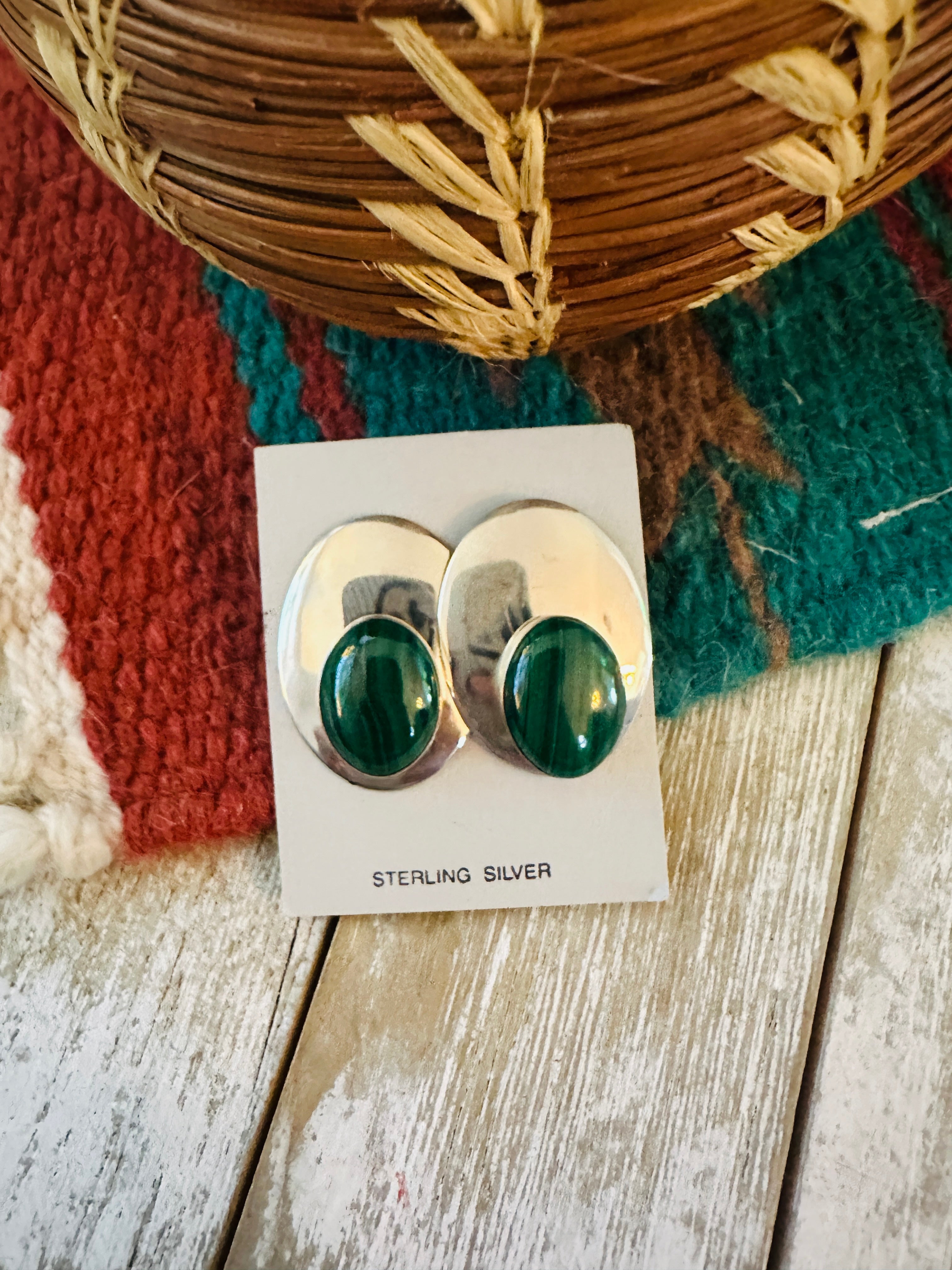 Handcrafted Malachite & Sterling Silver Clip On Earrings