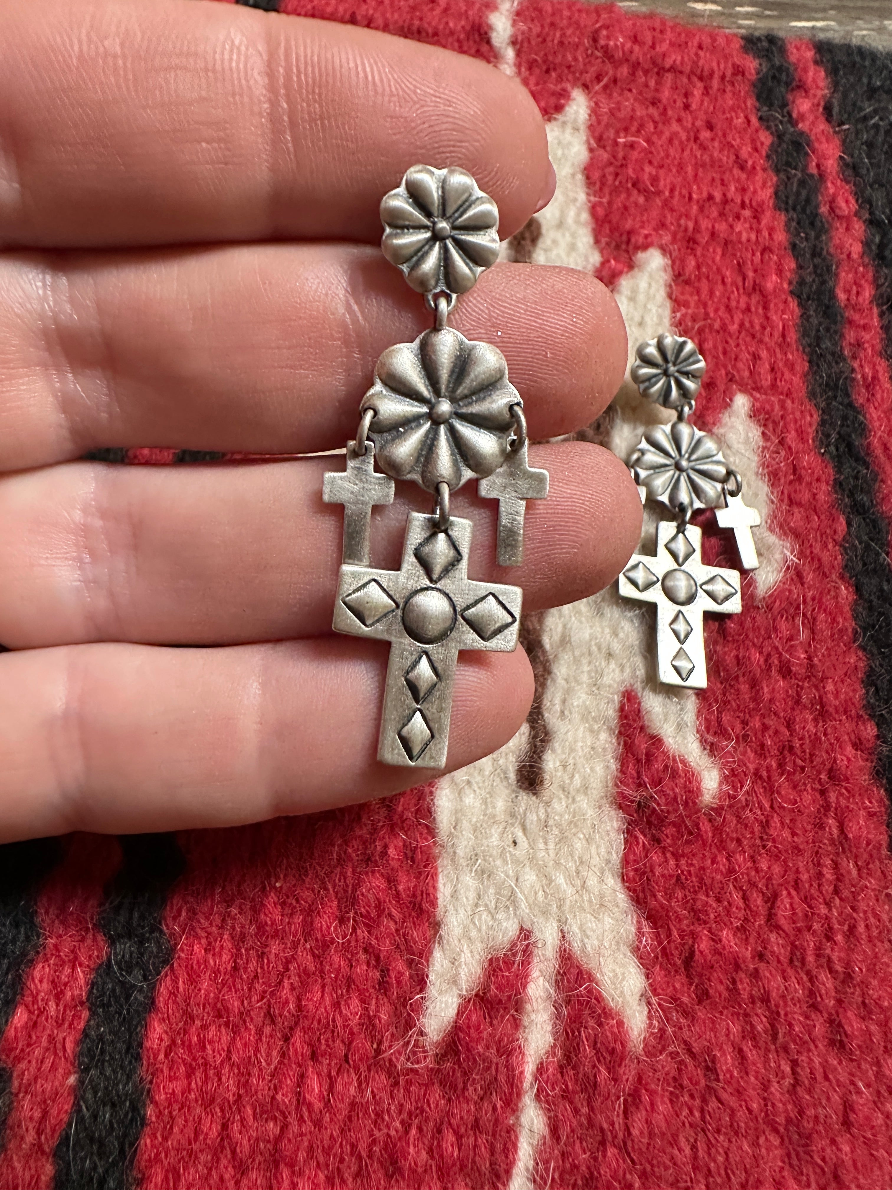 Handmade Sterling Silver Handstamped Cross Earrings