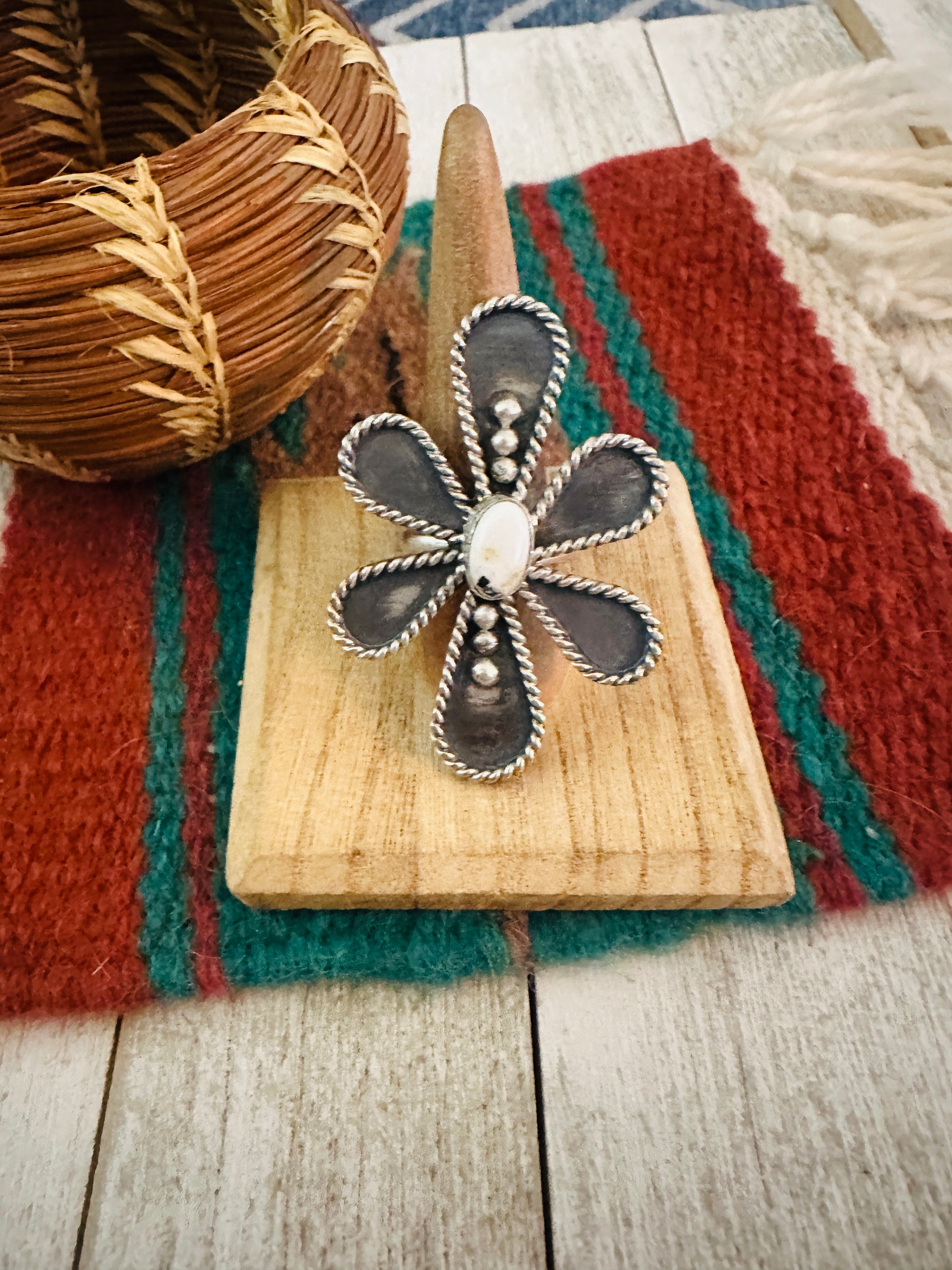 Navajo Sterling Silver And White Buffalo Adjustable Flower Ring