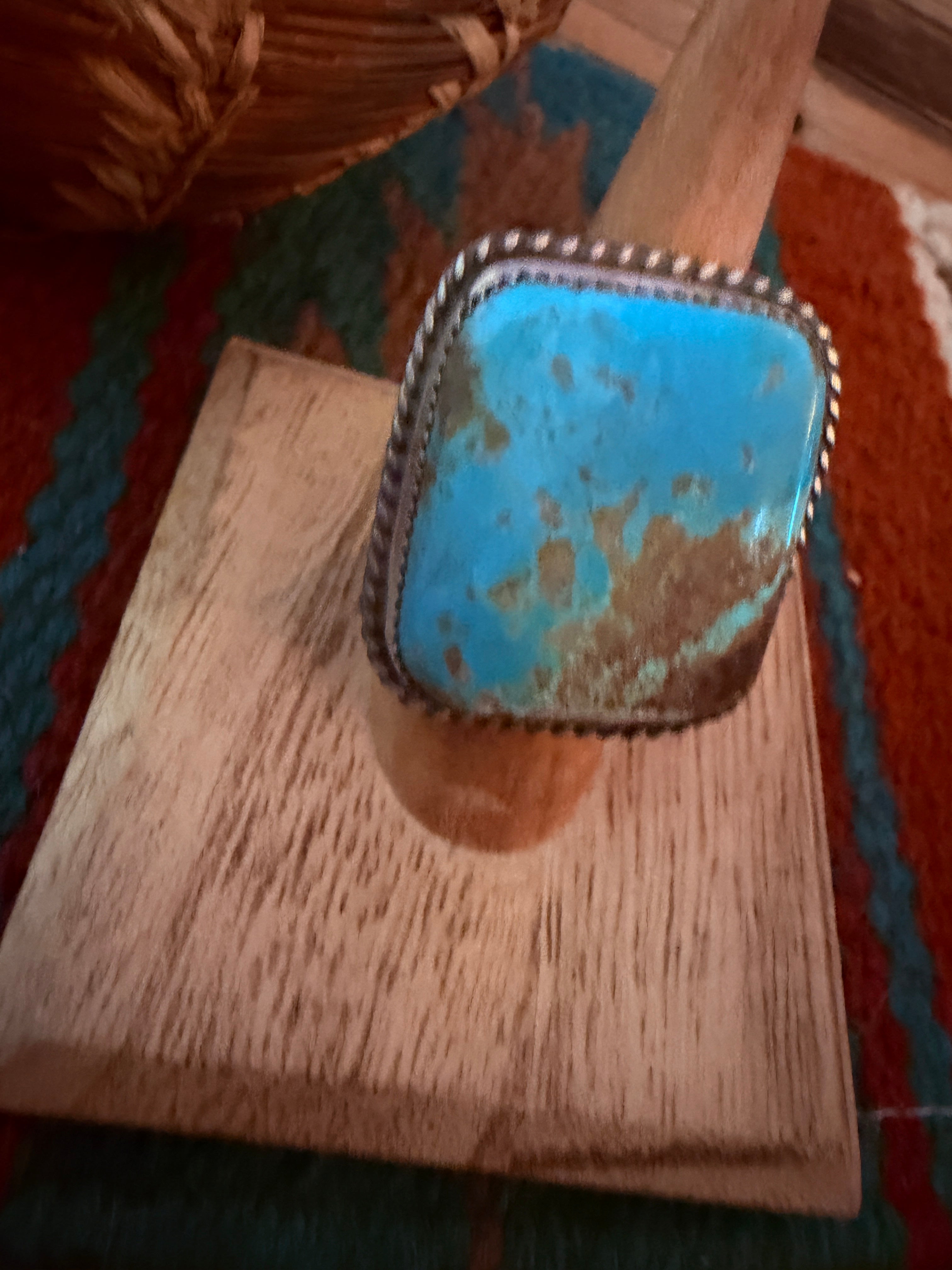 Handcrafted Royston Turquoise & Sterling Silver Ring Size 8.25 by Leslie Nez