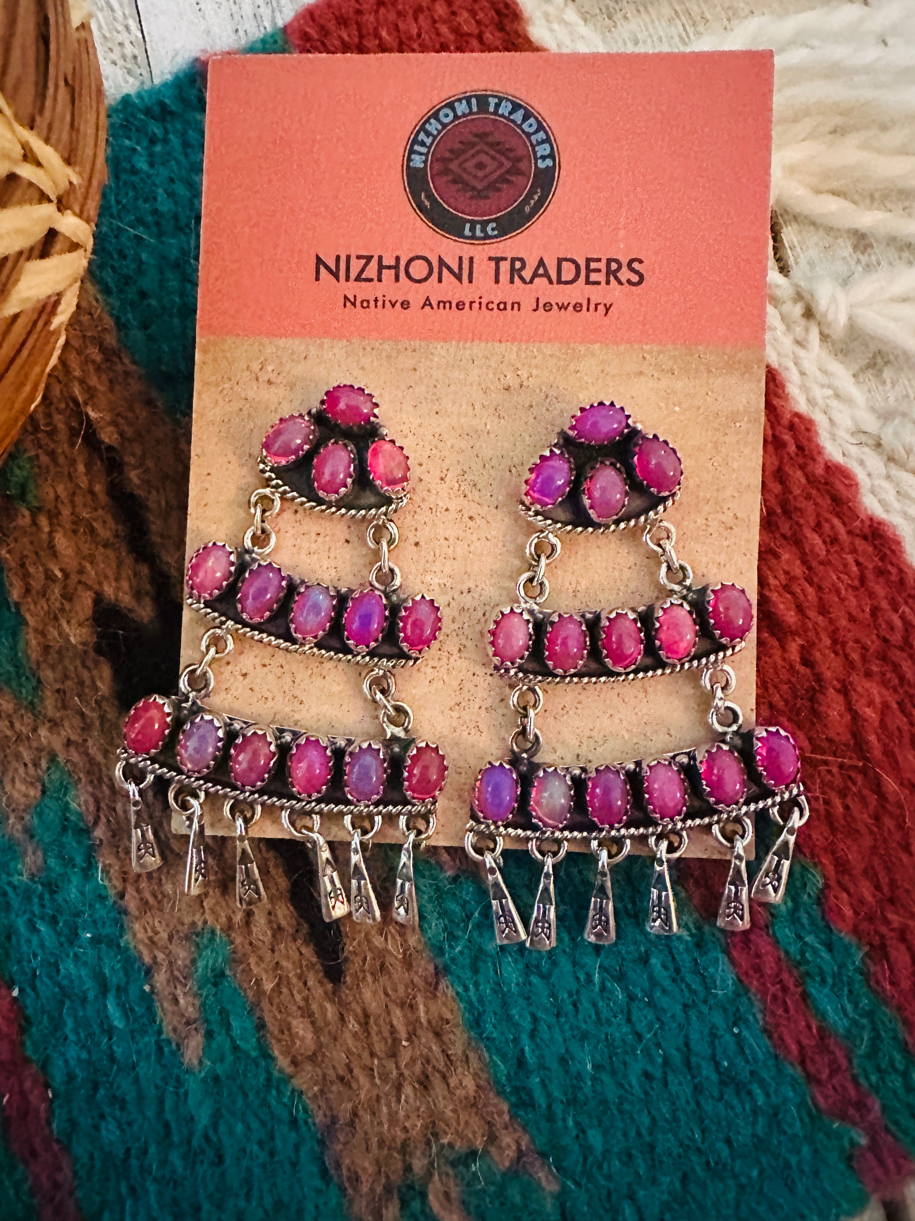 Handmade Pink Onyx & Sterling Silver Dangle Earrings Signed Nizhoni