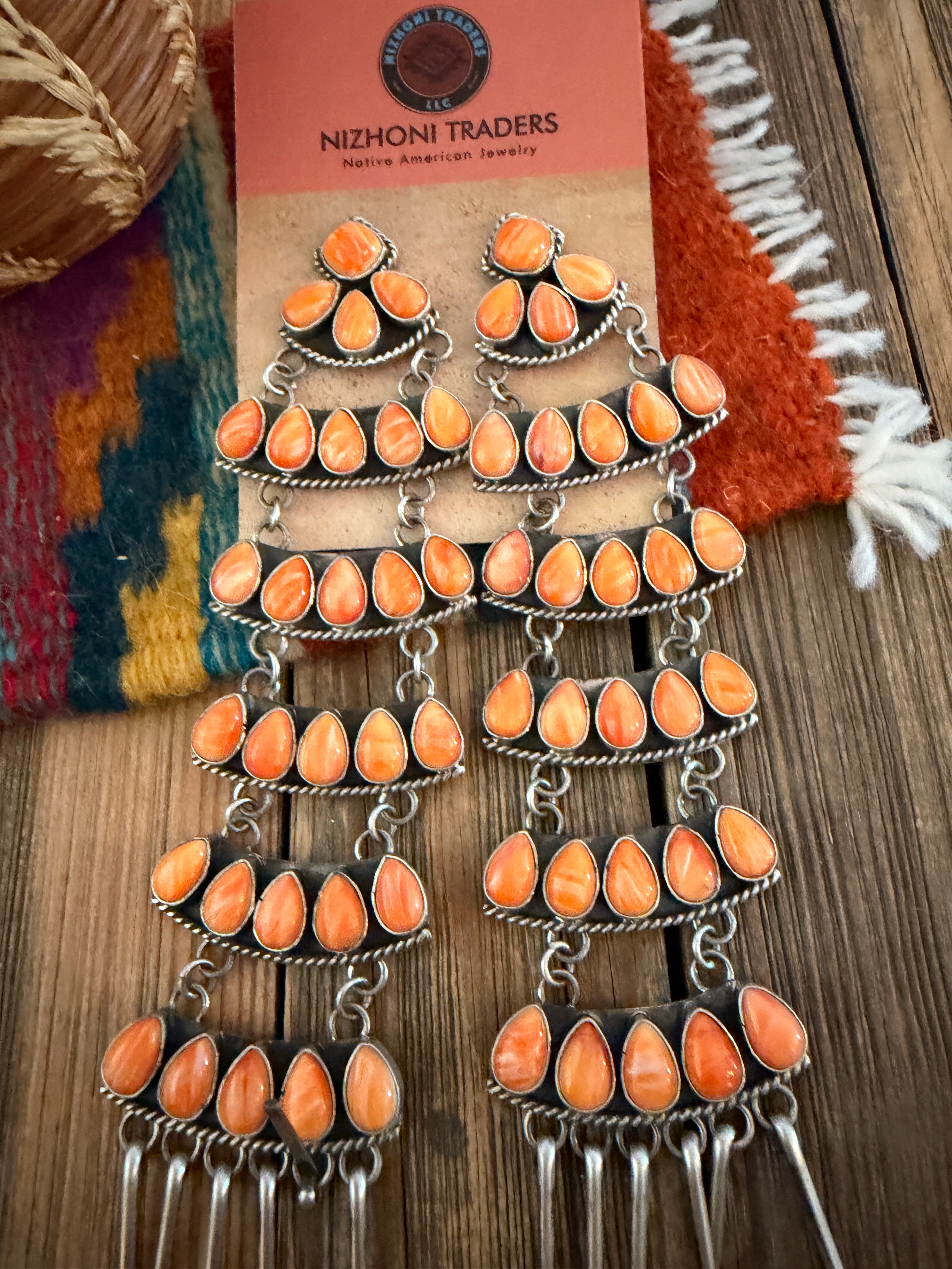 Handcrafted Orange Spiny Oyster & Sterling Silver Chandelier Dangle Earrings by Charles Johnson