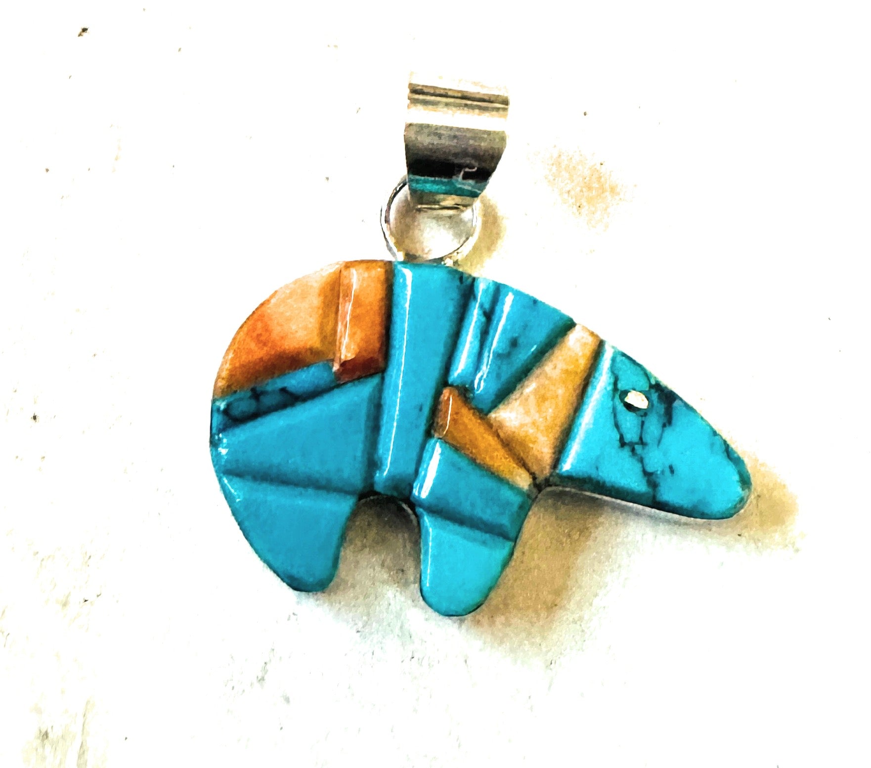 Navajo Turquoise, Spiny & Sterling Silver Inlay Fetish Bear Pendant