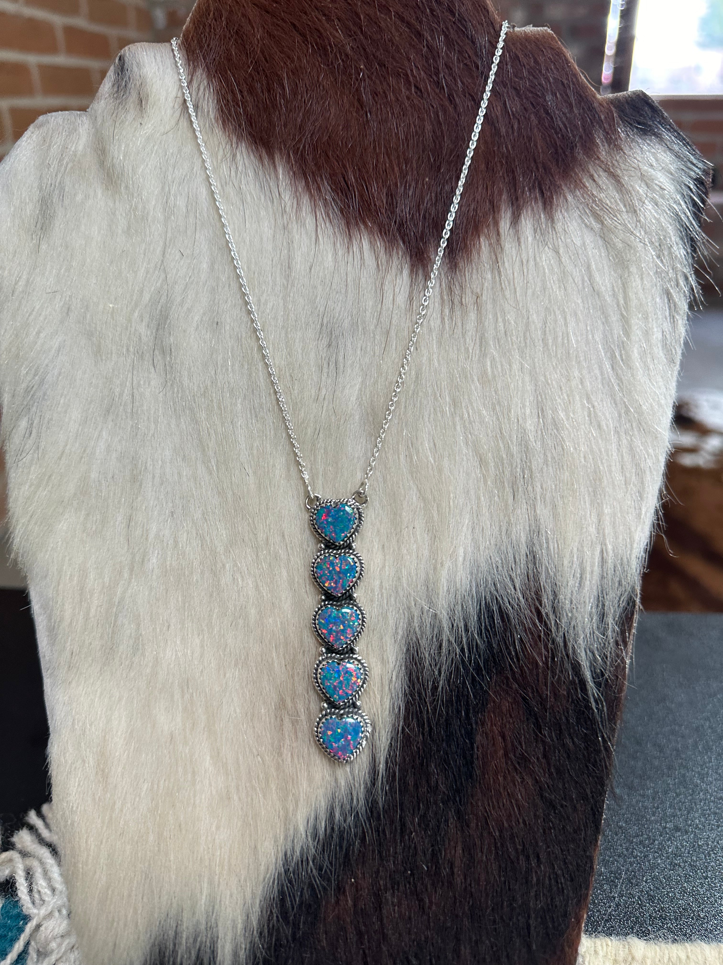 Handmade Blue Fire Opal & Sterling Silver Heart Drop Necklace