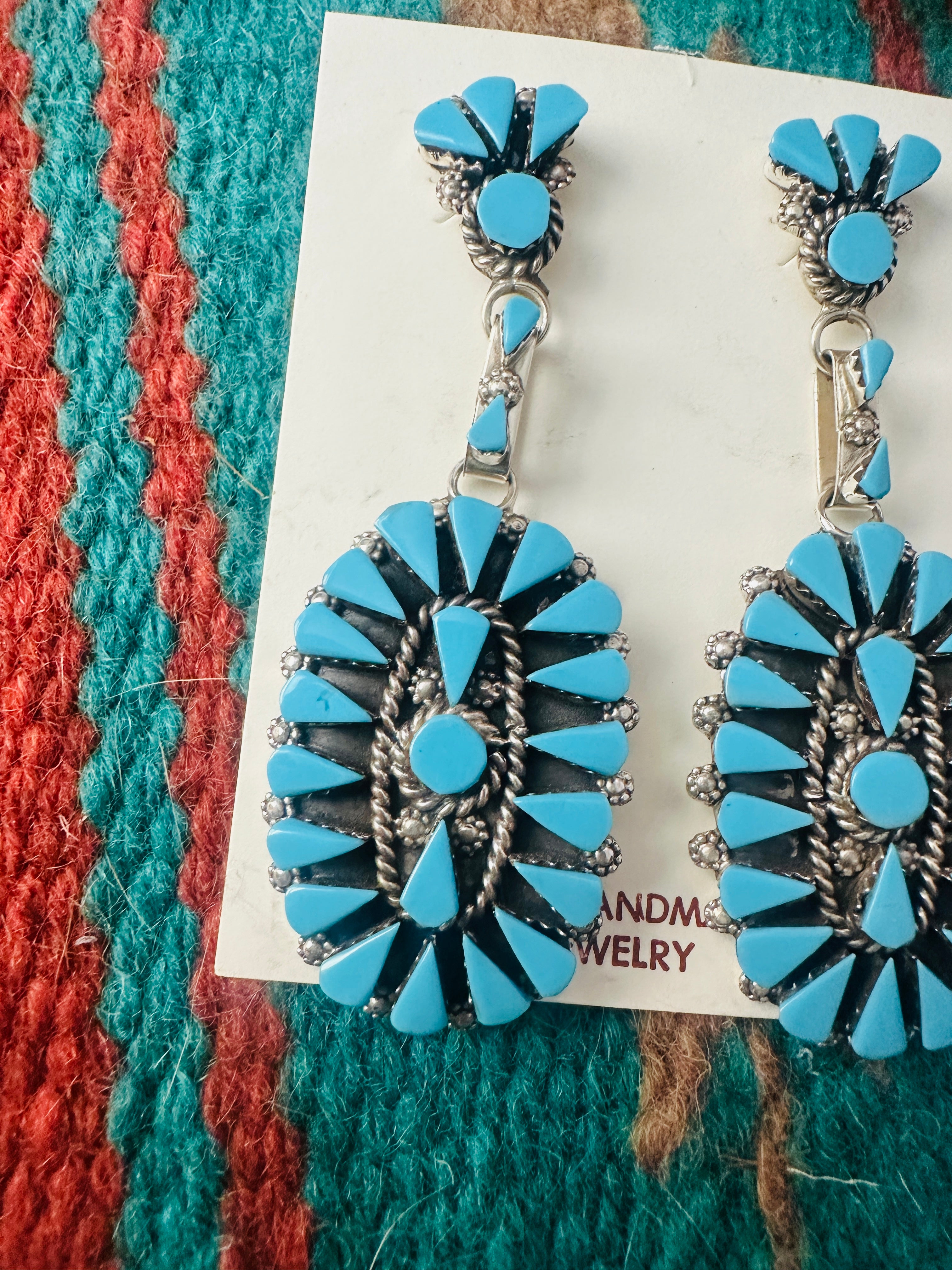 Zuni Sterling Silver & Turquoise Cluster Dangle Earrings