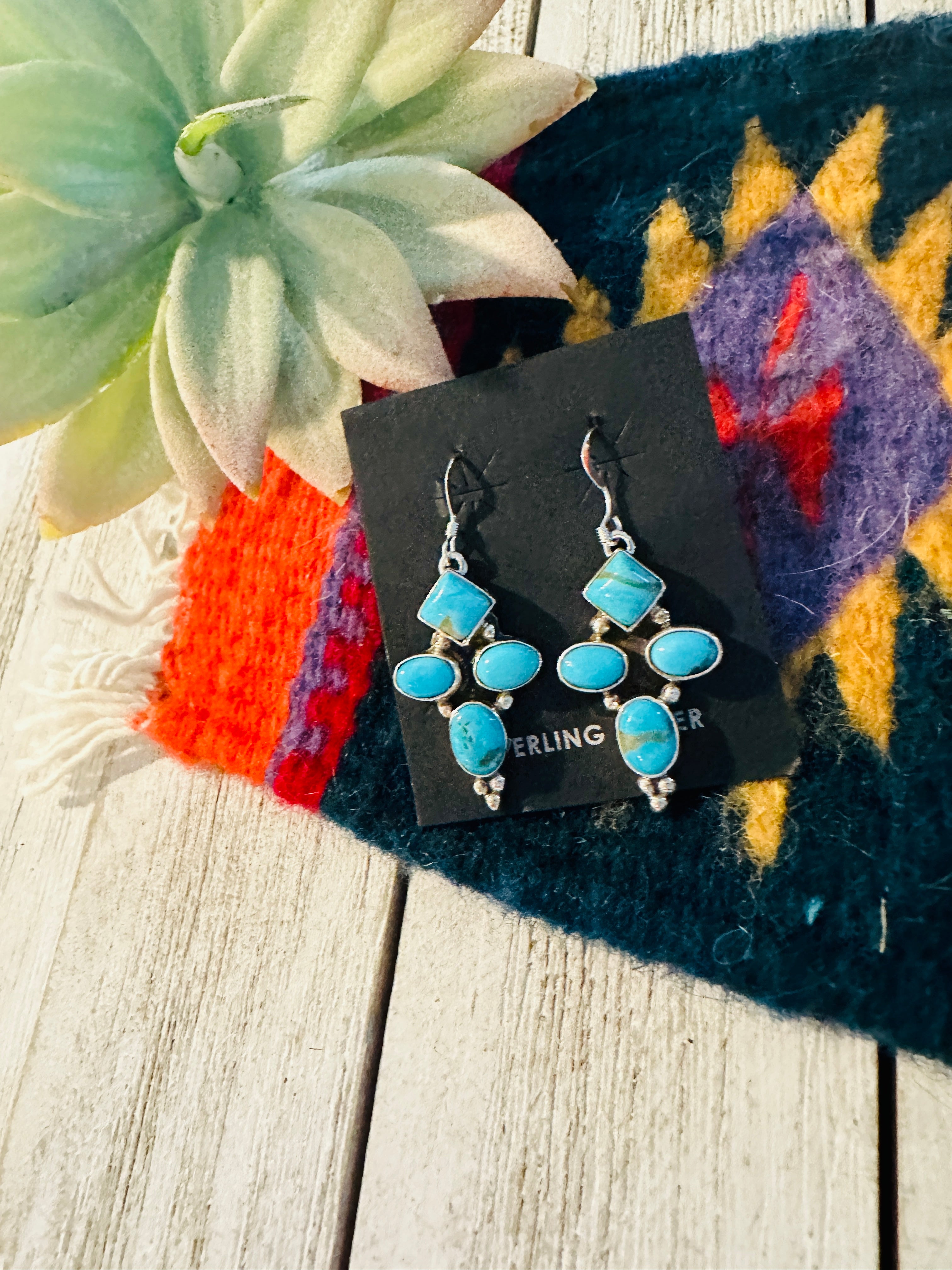 Navajo Kingman Turquoise and Sterling Silver Dangle Earrings