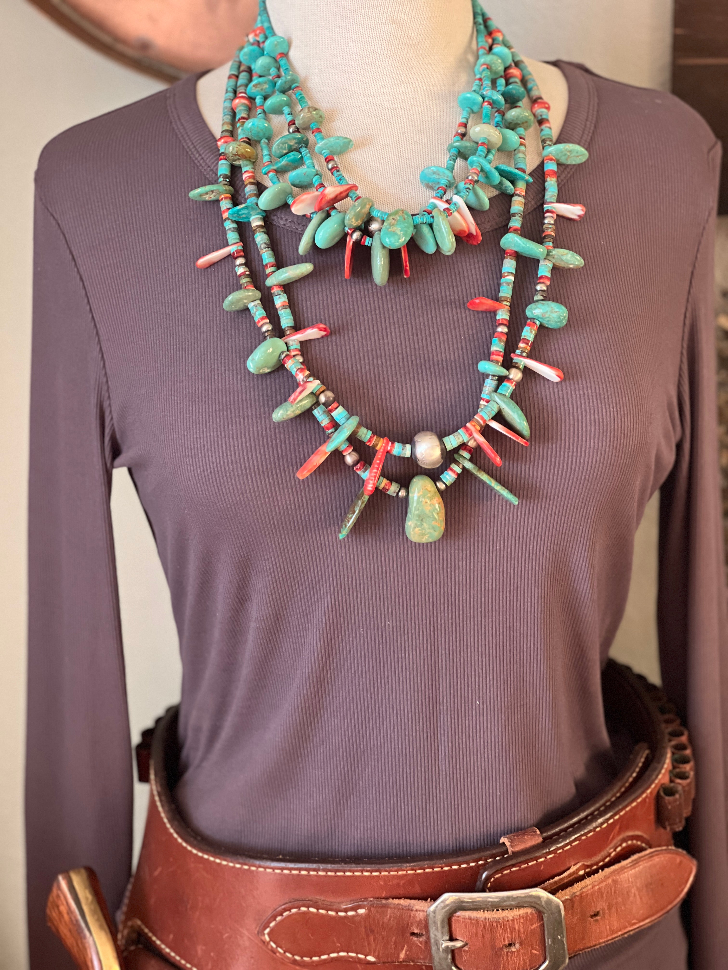 Stunning Handcrafted Double Strand Sterling Silver, Turquoise and Spiny Oyster Beaded Tab Necklace by Daniel Coriz