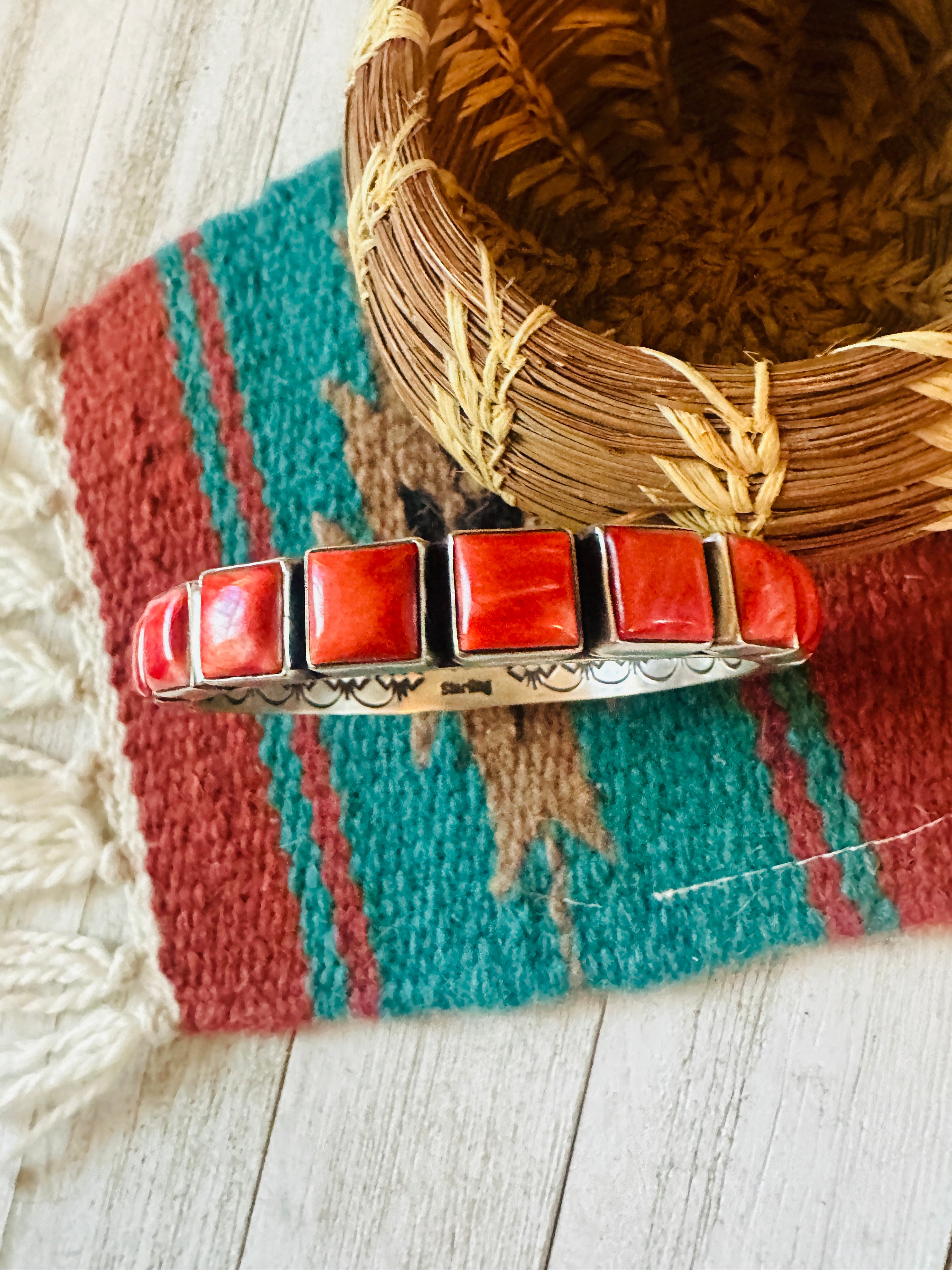 Navajo Spiny Oyster & Sterling Silver Bangle Bracelet Signed Lerry James