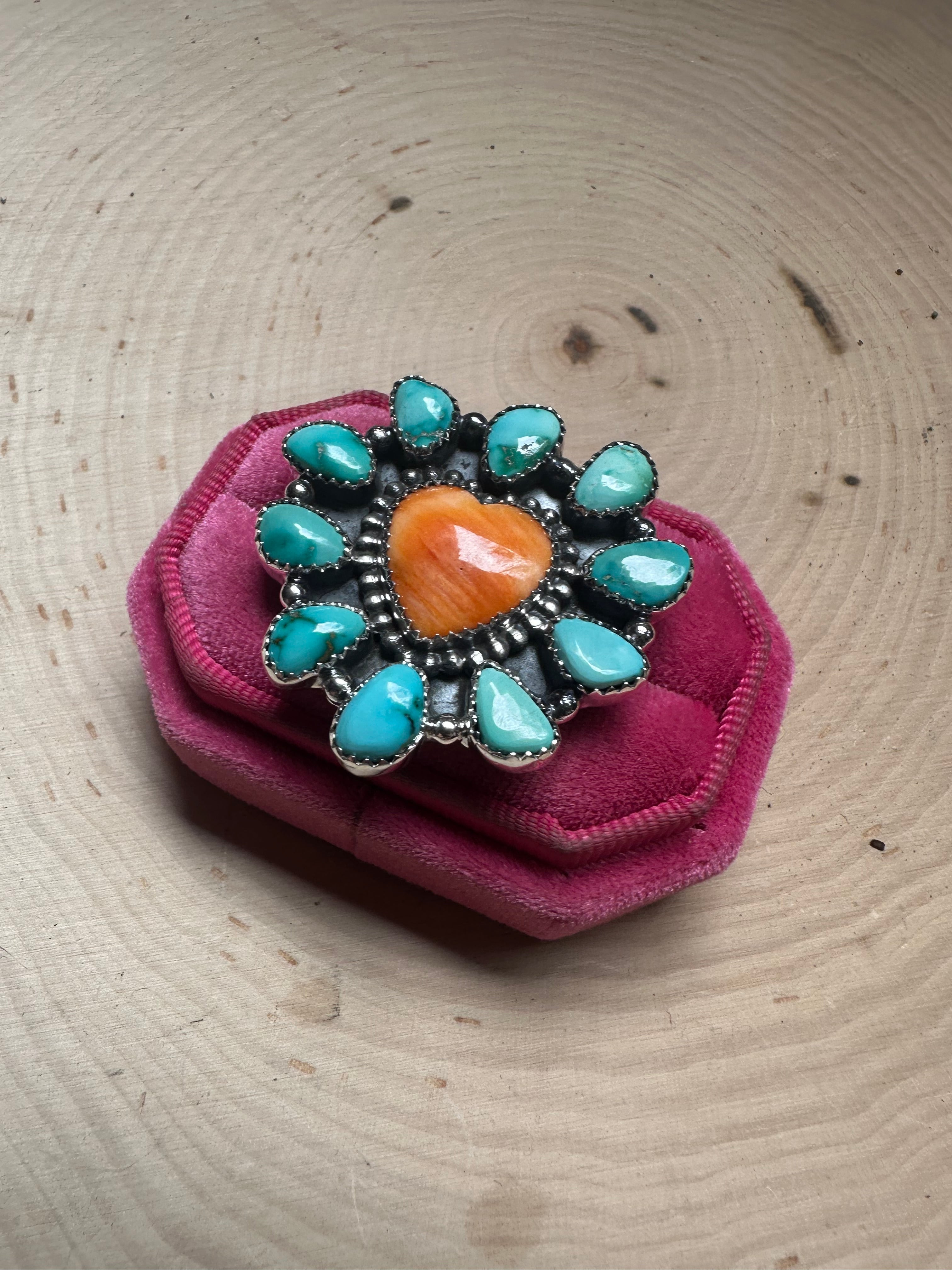 Handmade Sonoran Turquoise, Orange Spiny And Sterling Silver Adjustable Heart Ring Signed Nizhoni