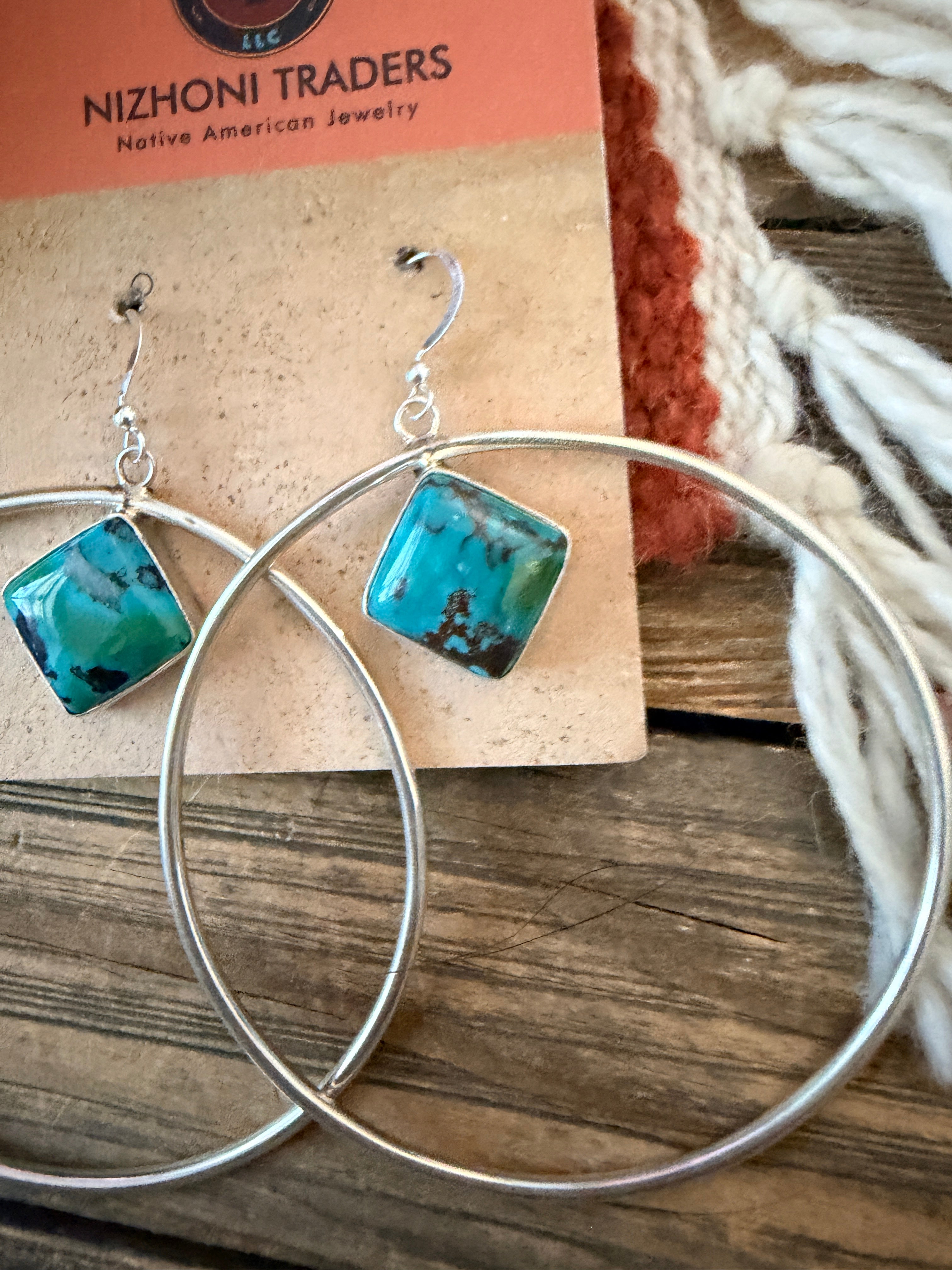 Handcrafted Turquoise & Sterling Silver Hoop Earrings by Patrick Yazzie