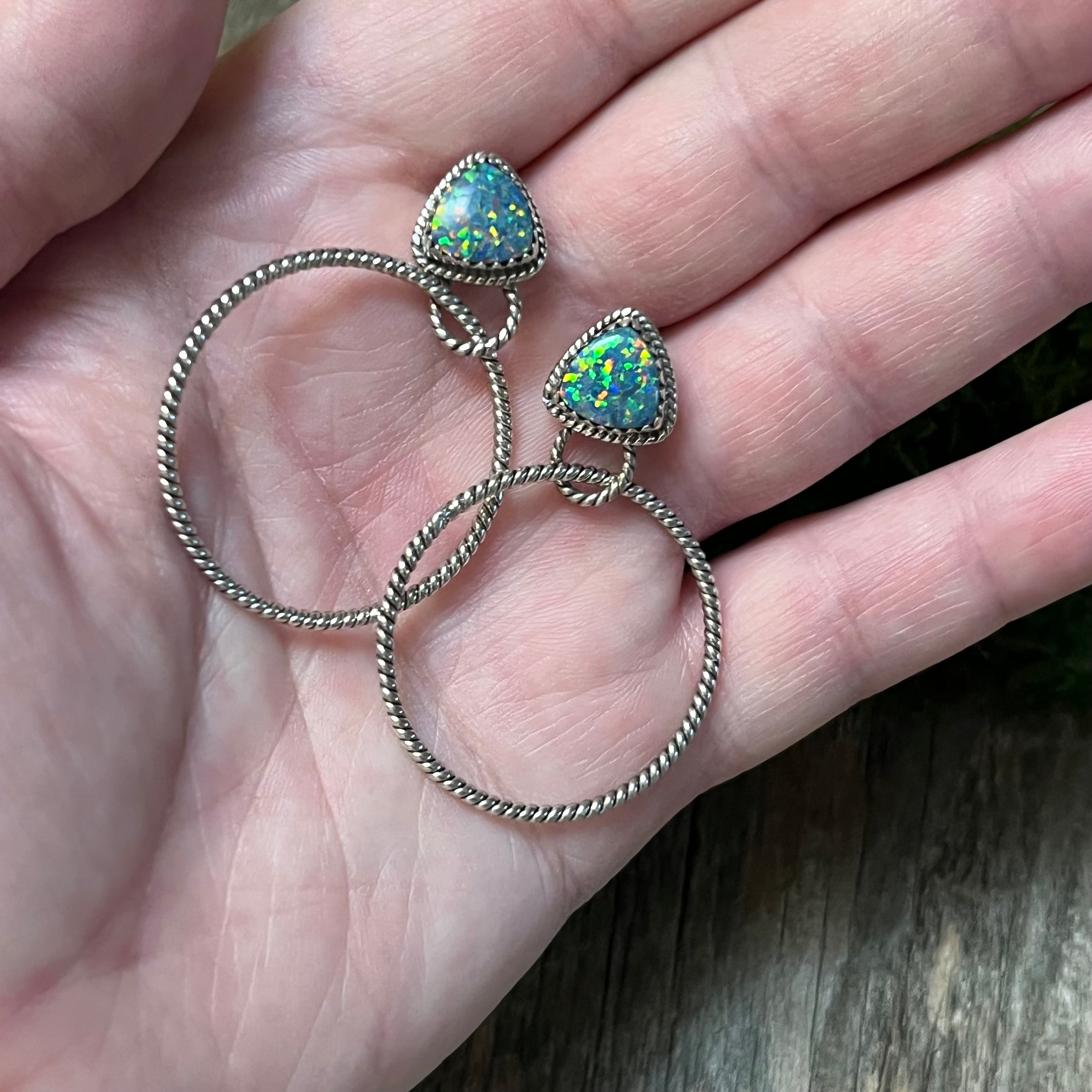 Handmade Blue Speckled Opal Sterling Silver Hoop Earrings
