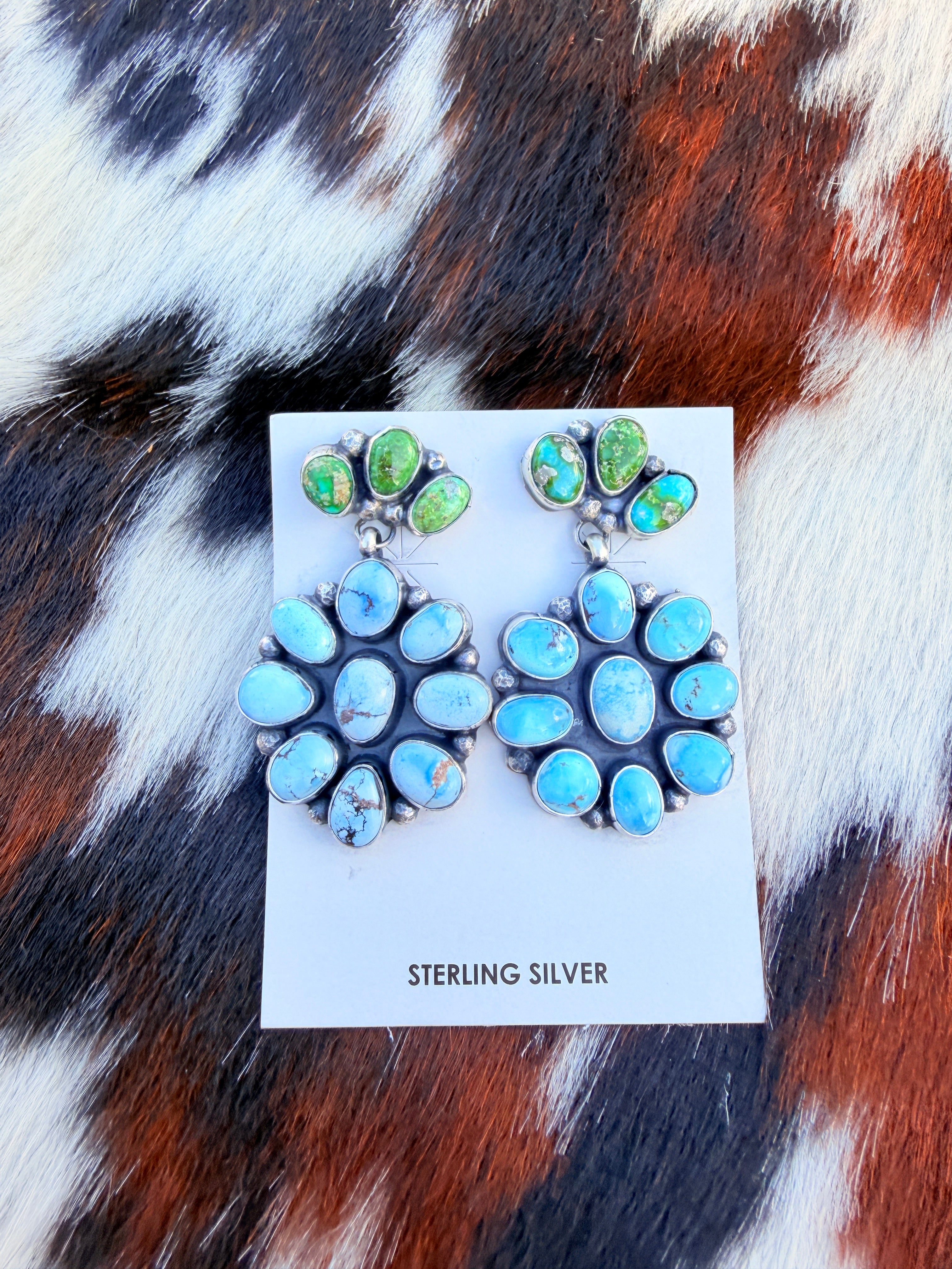 Handcrafted Multi Turquoise & Sterling Silver Cluster Dangle Earrings