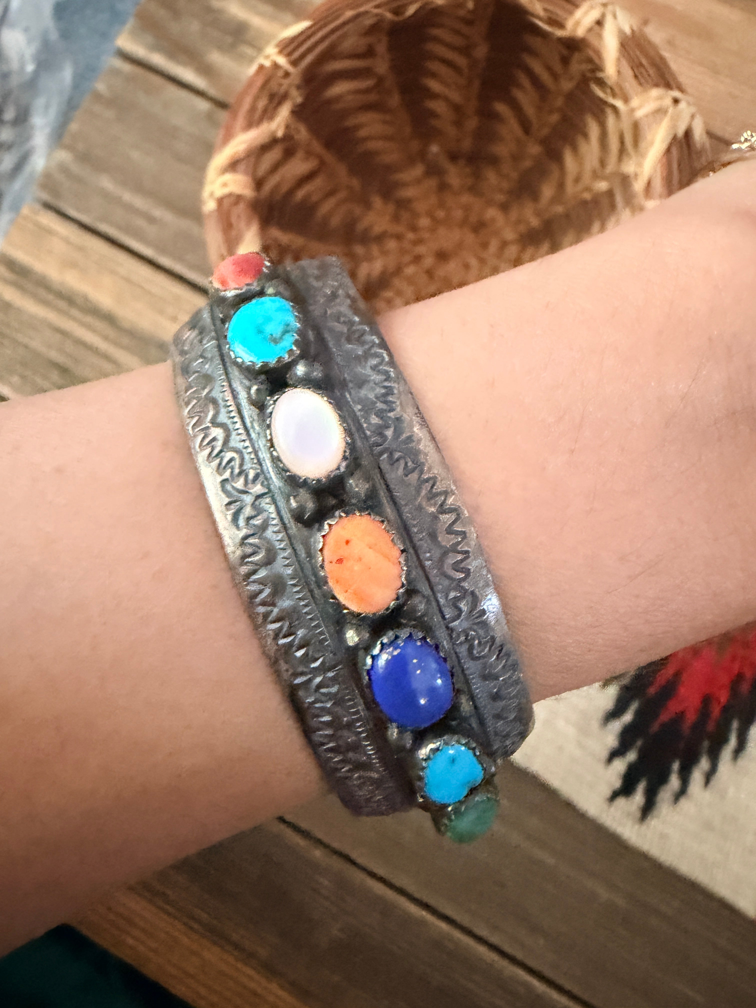 Handcrafted Old Pawn Sterling Silver & Multi Stone Cuff Bracelet by Wilbert Begay