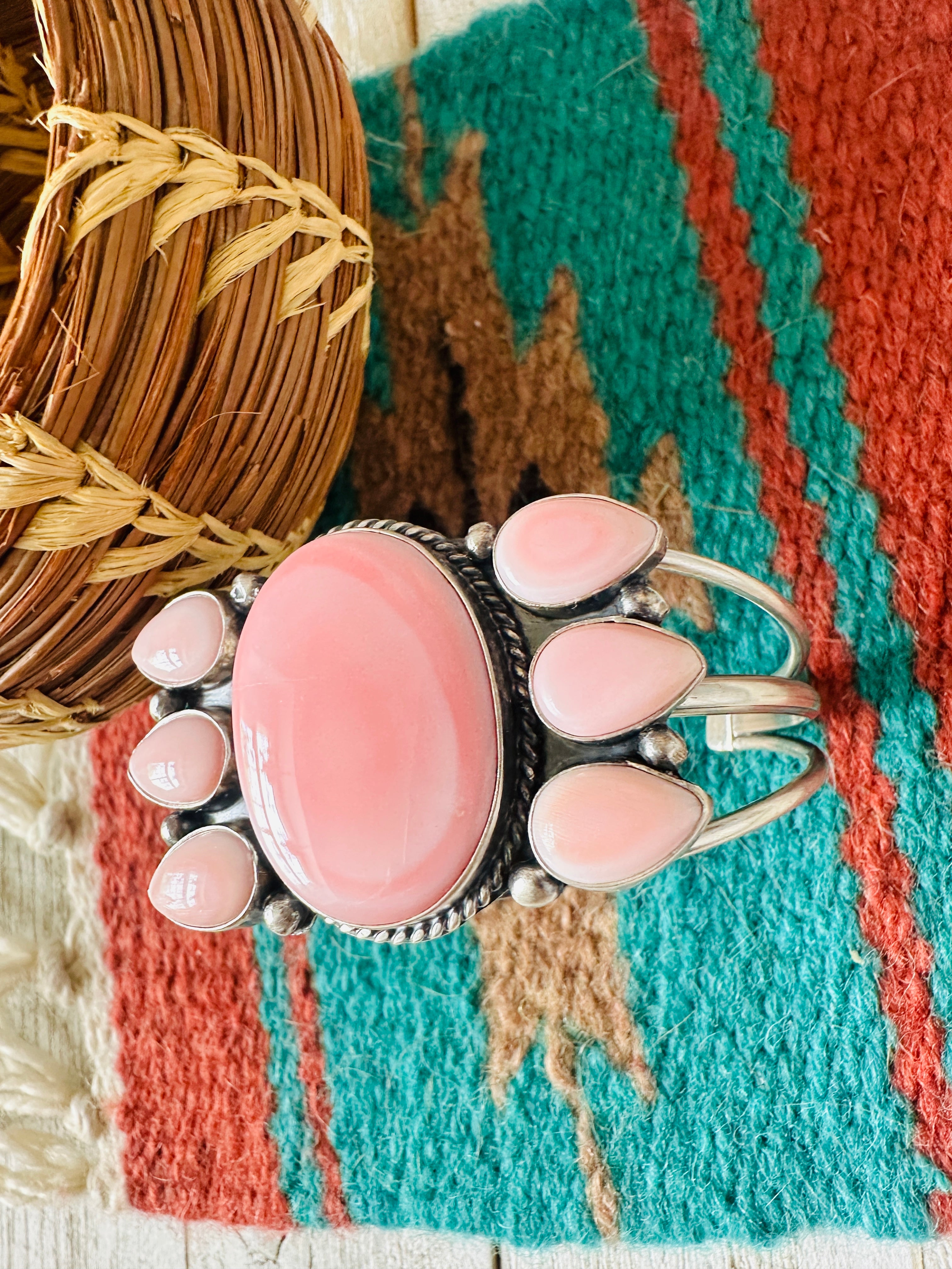 Navajo Queen Pink Conch Shell & Sterling Silver Cluster Cuff Bracelet