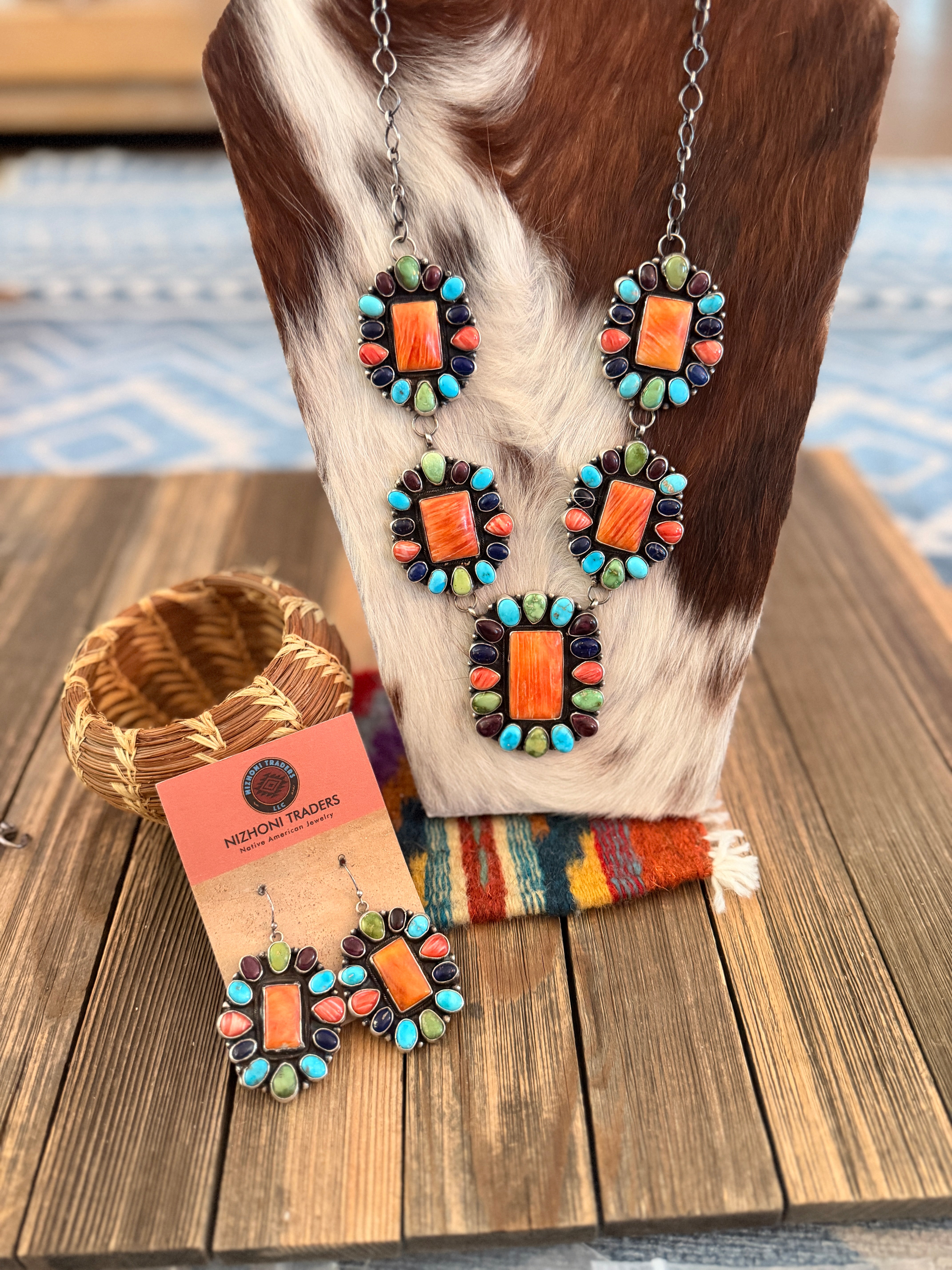Handcrafted Spiny Oyster, Turquoise & Sterling Silver Necklace and Ear