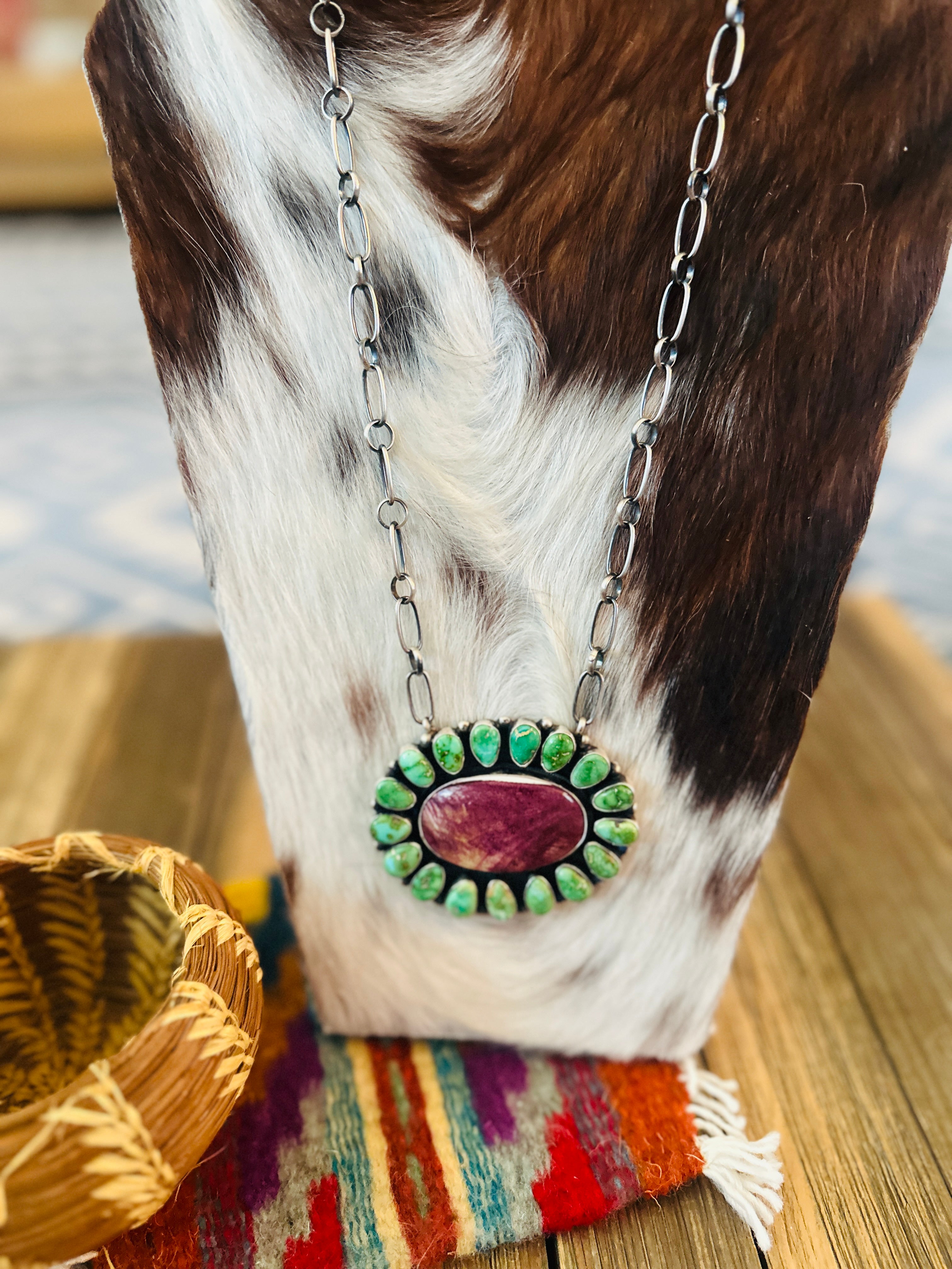 Handcrafted Turquoise, Spiny Oyster & Sterling Silver Cluster Necklace by Sheila Becenti