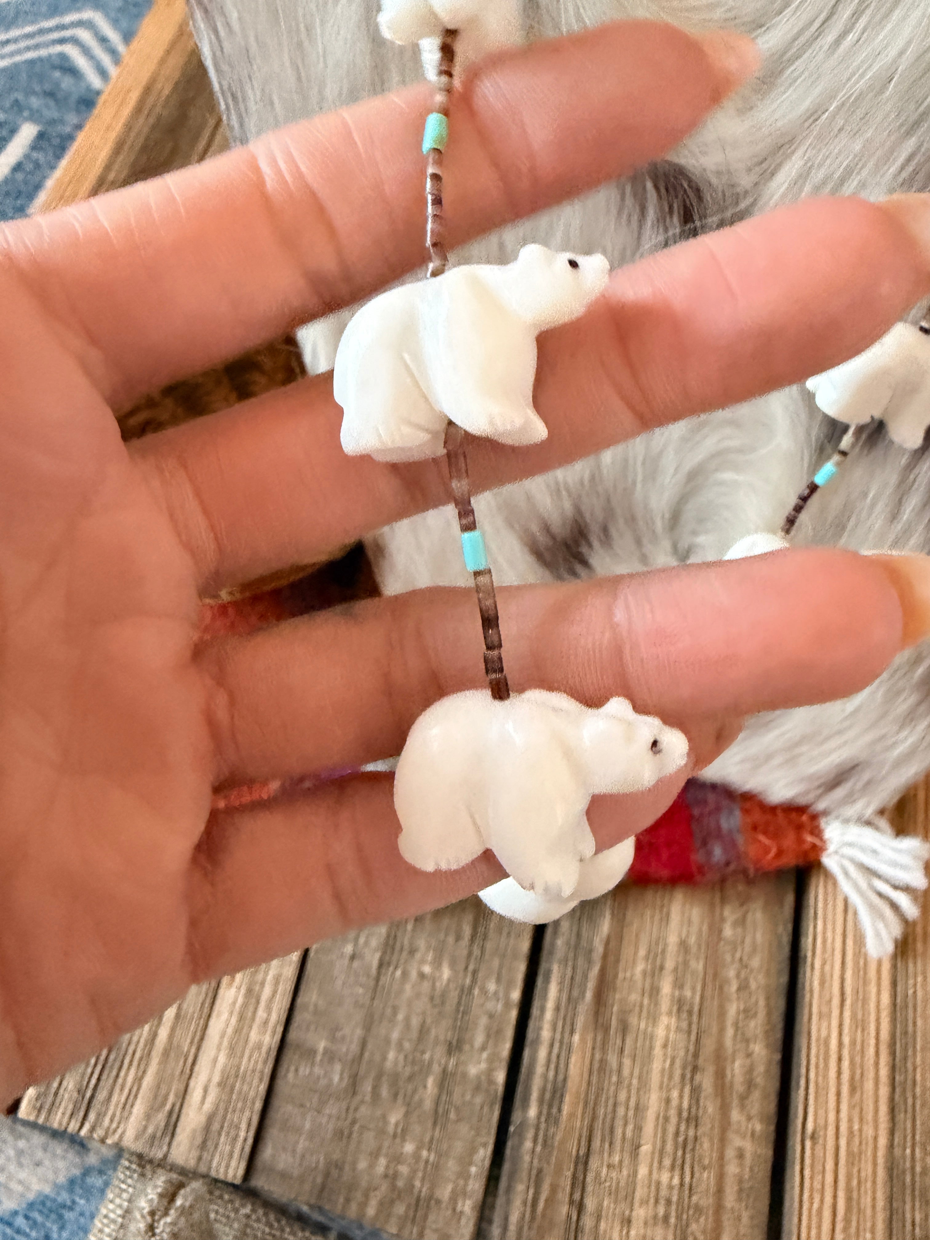 Handcrafted Sterling Silver & Beaded Fetish Bear Necklace 28" by Larry Cisco