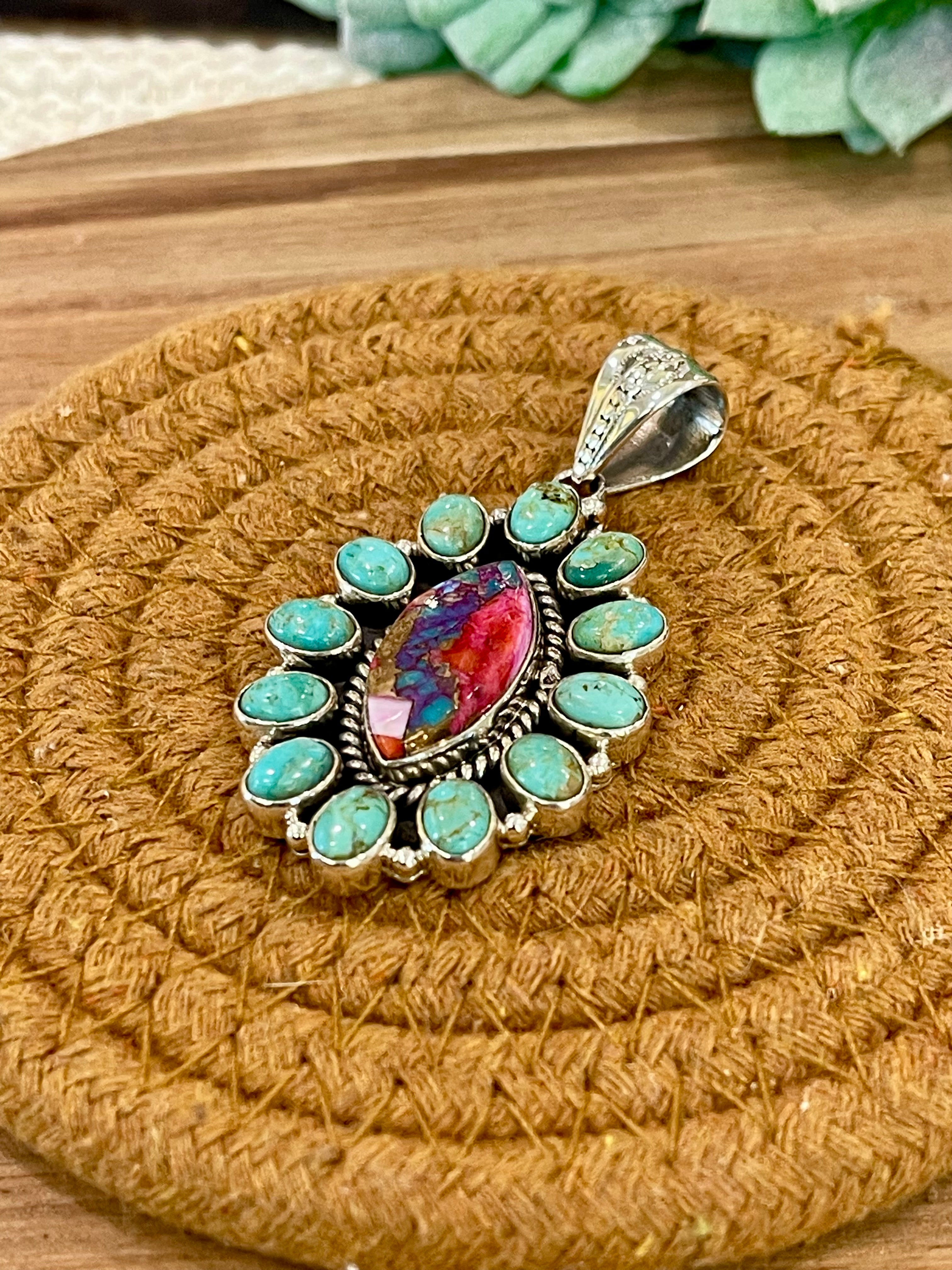 Handmade Sterling Silver,Turquoise & Pink Dream Mojave Cluster Pendant