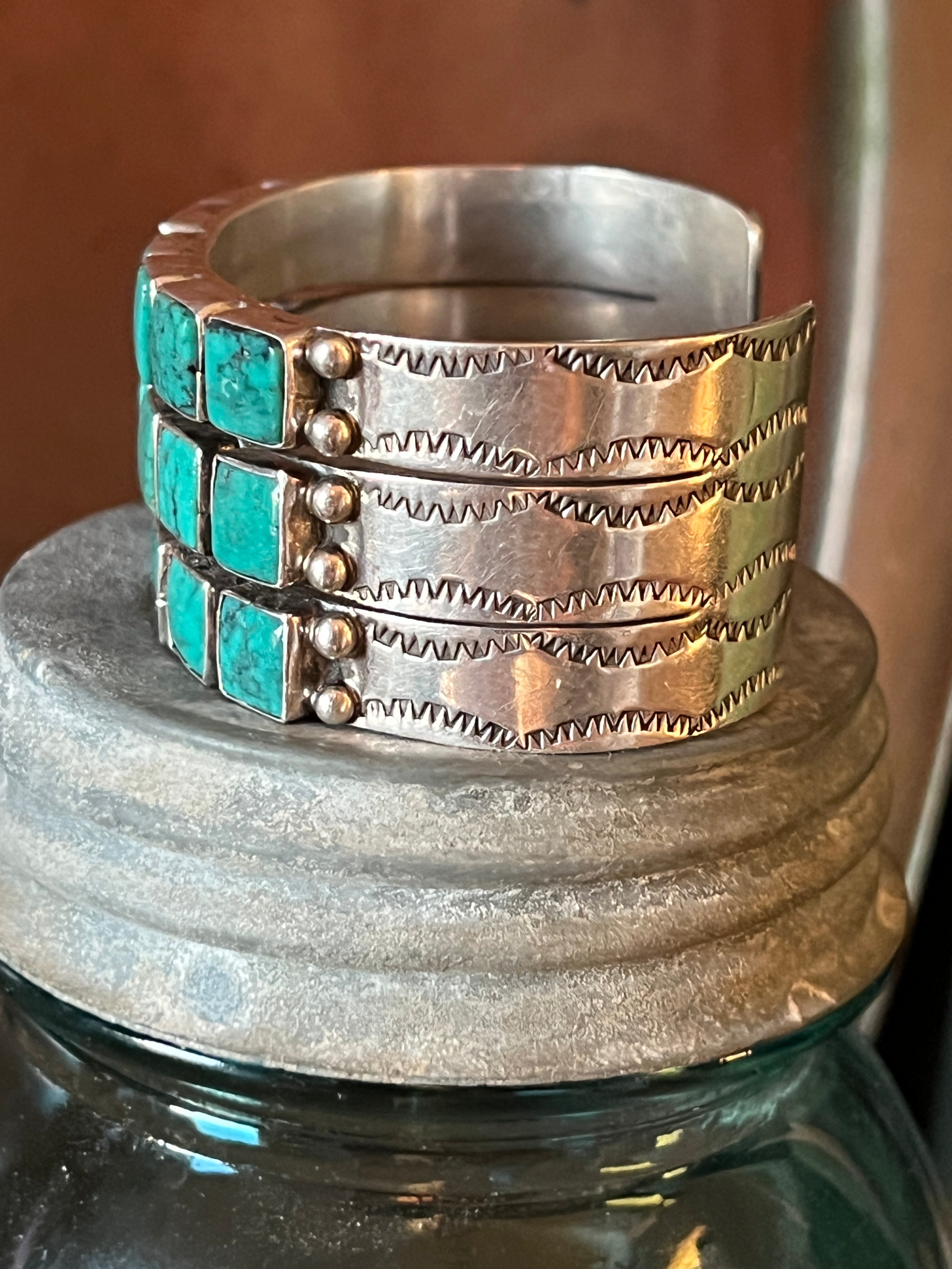 Handcrafted Vintage Sterling Silver and Turquoise Triple Row Square Stone Cuff /