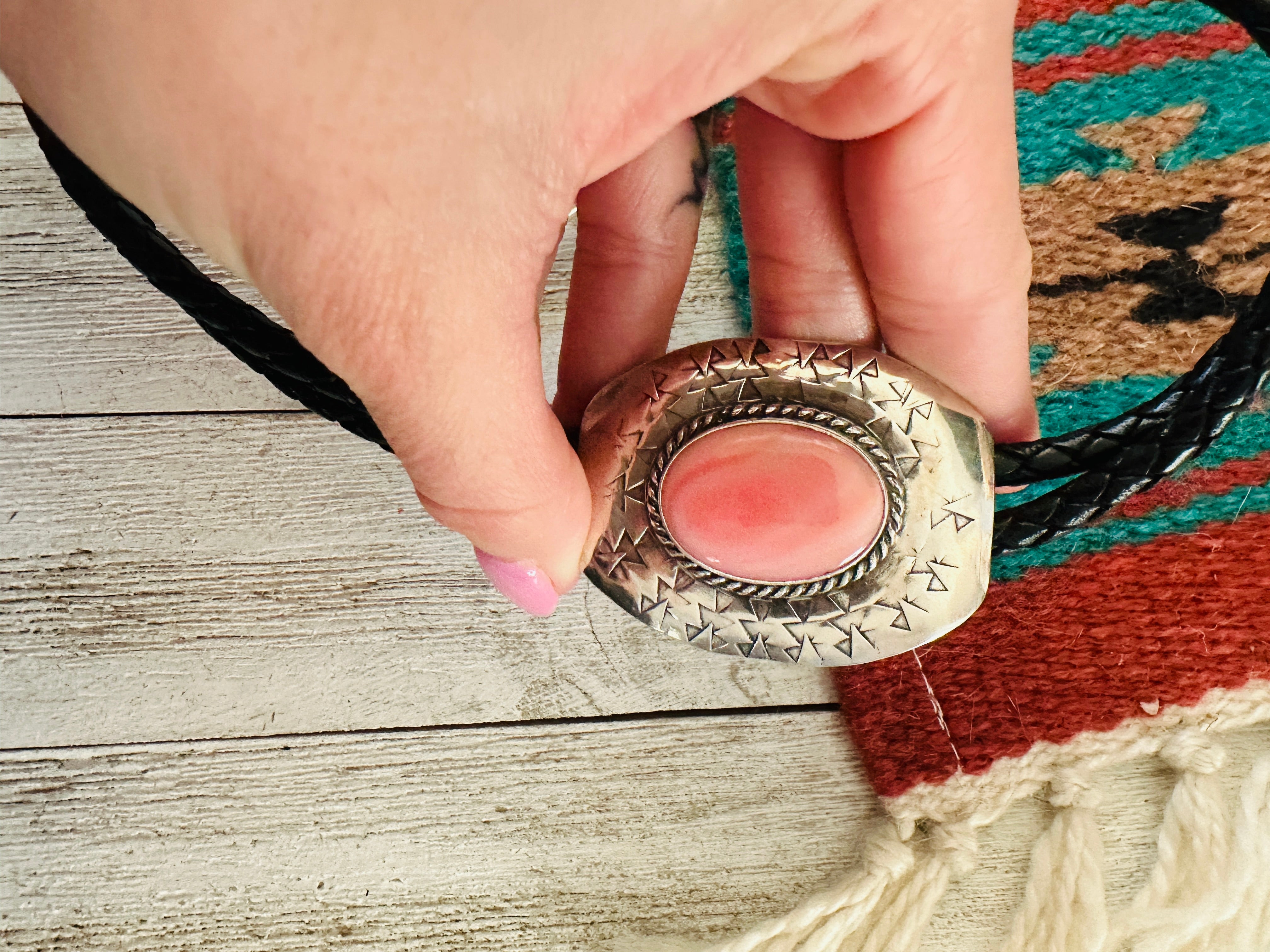 Navajo Sterling Silver & Queen Pink Conch Bolo Tie